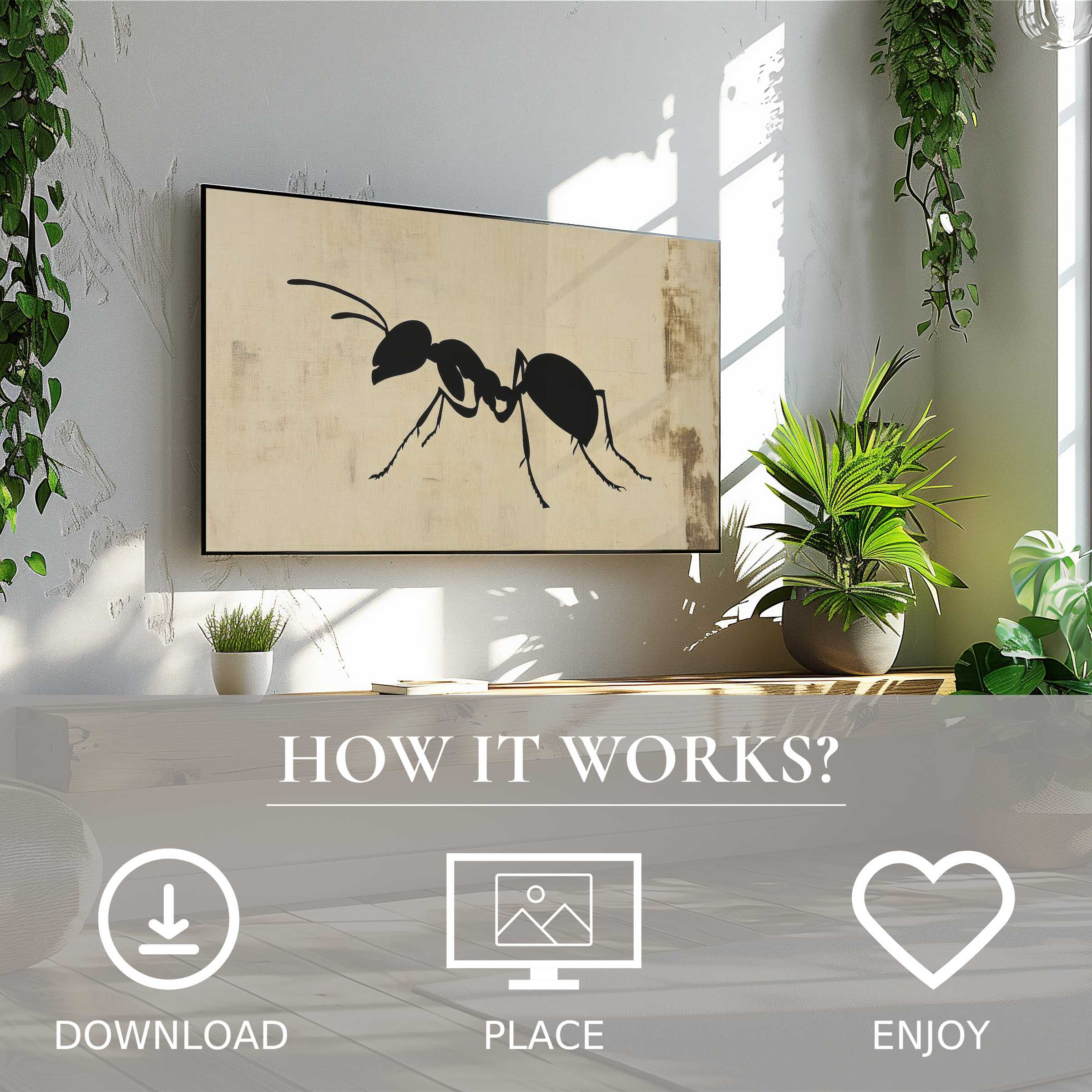 Minimalist art for Samsung TV featuring a bold black ant silhouette, easy digital download enriches modern living spaces