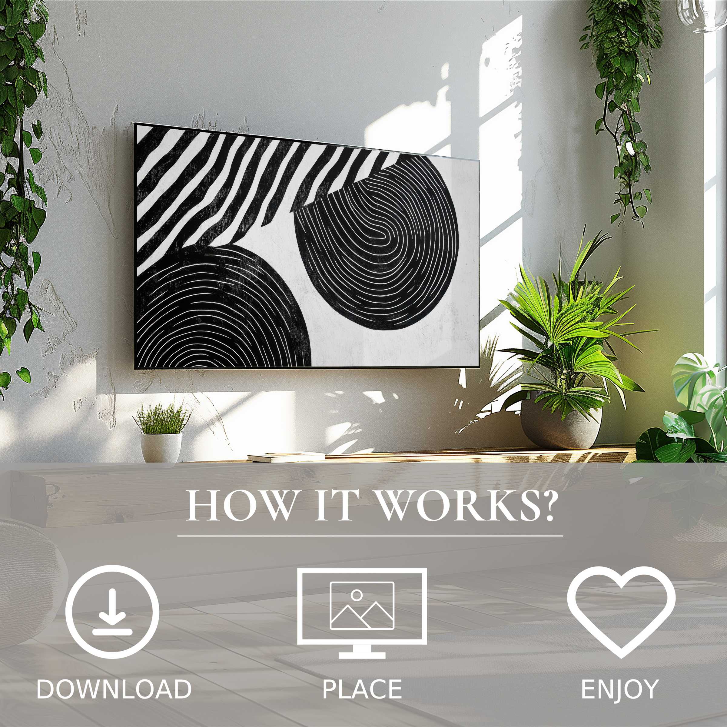 Modern art for Samsung TV shows black-and-white geometric swirls, easy digital download enriches bright living spaces