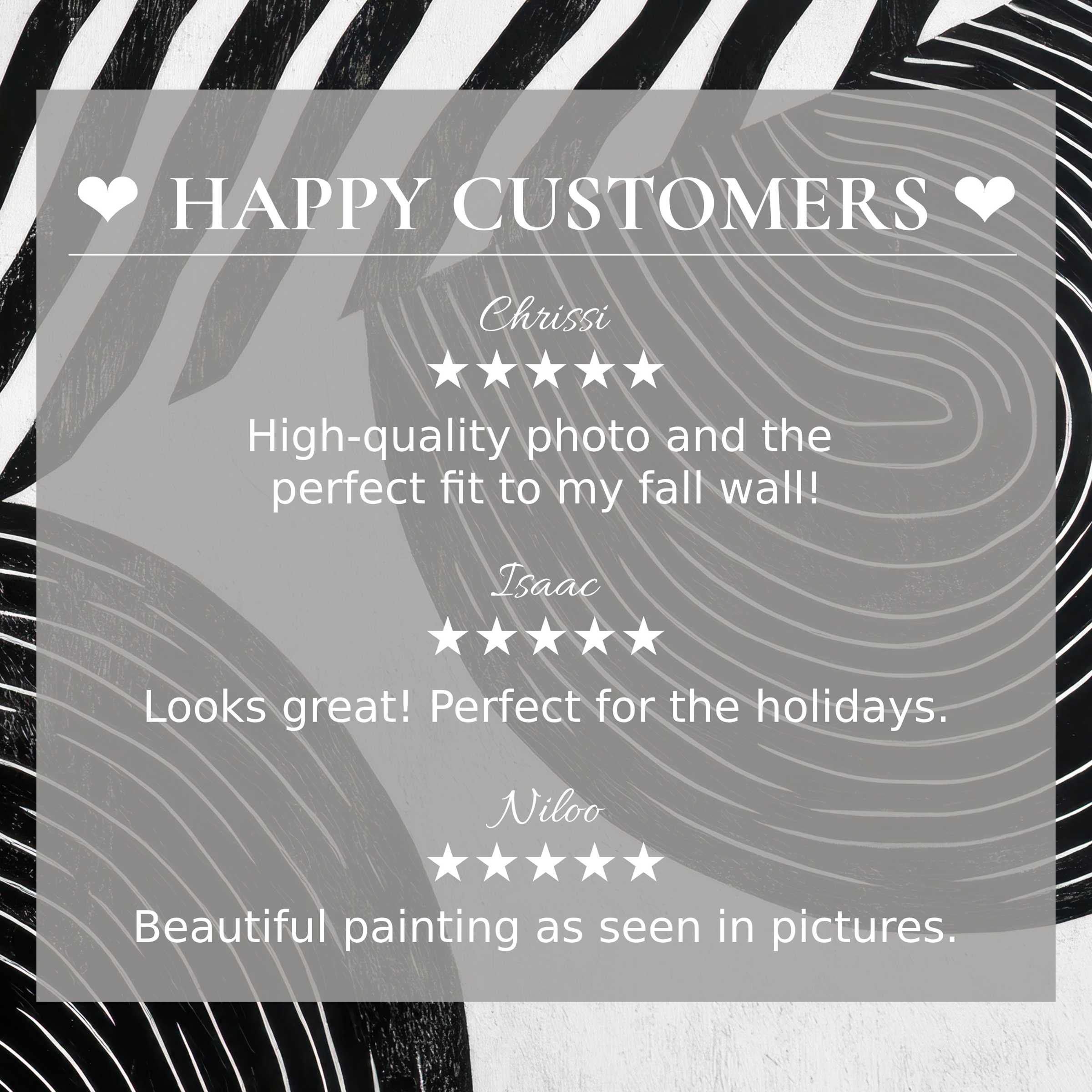 Modern art for Frame TV with abstract black and white swirls, showcasing happy customer reviews and trust