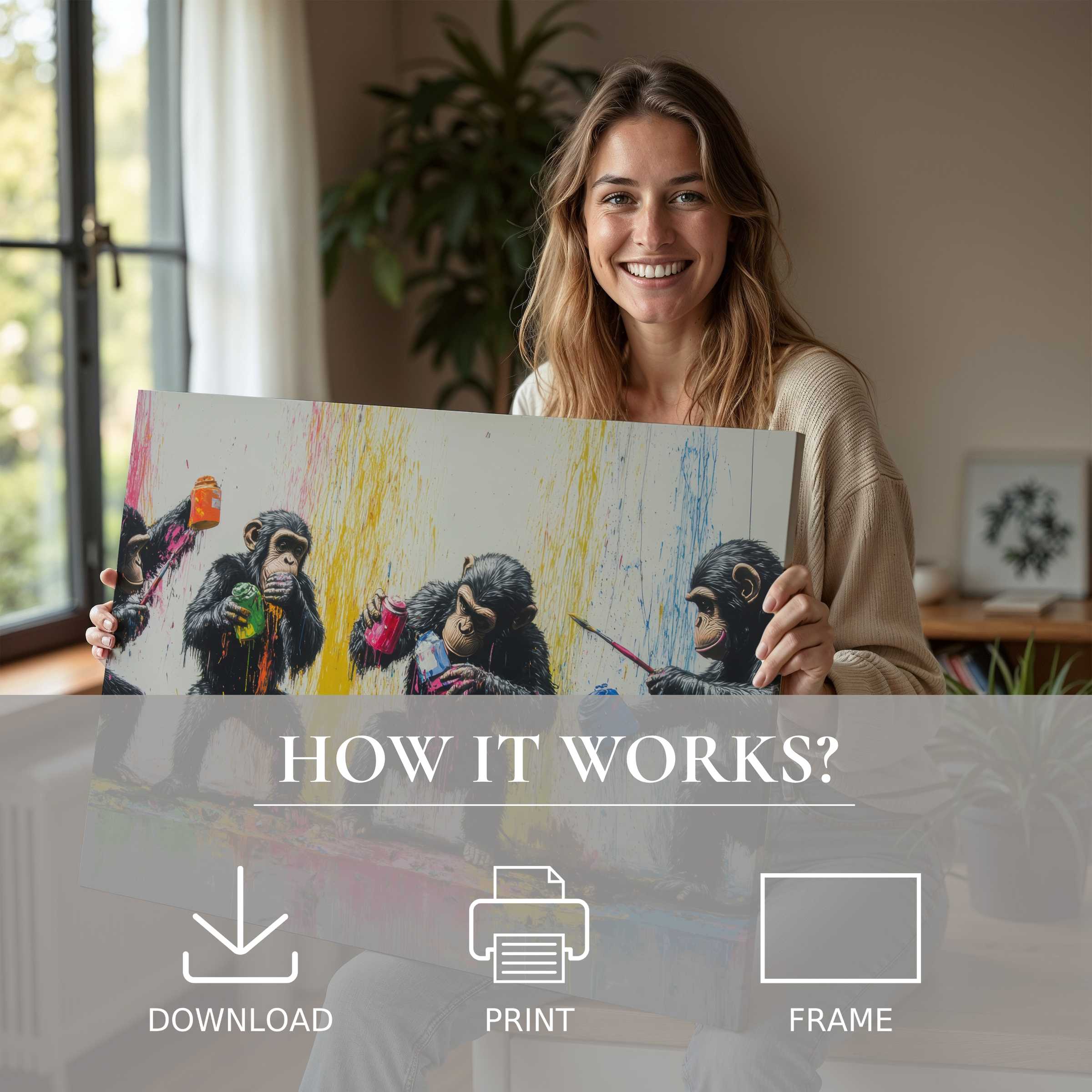 A serene moment of joy in a modern home, embracing street art digital art print’s vibrant energy and effortless elegance