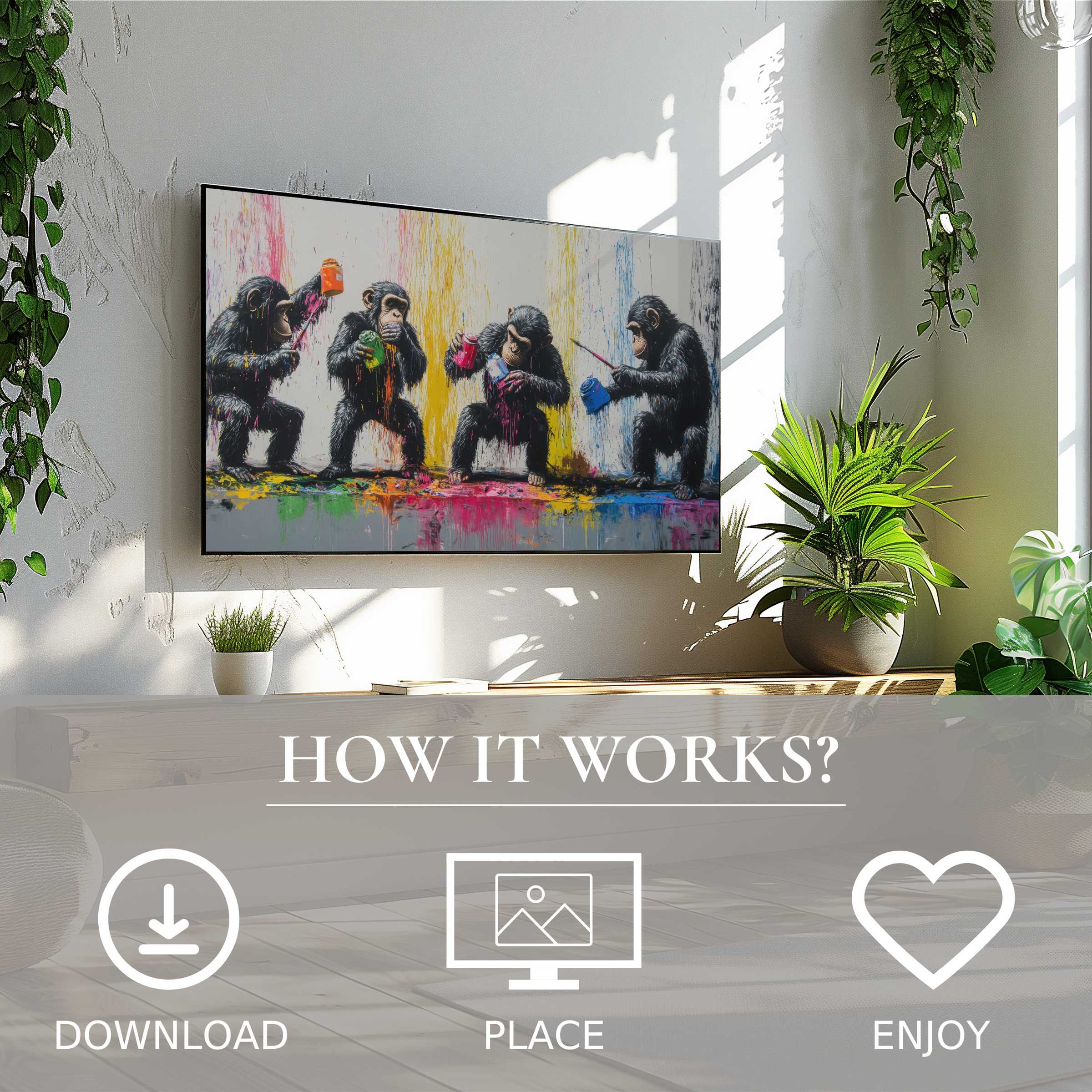 Modern living room with street art for Samsung TV showing playful chimps and vibrant color flow, easy digital download decor