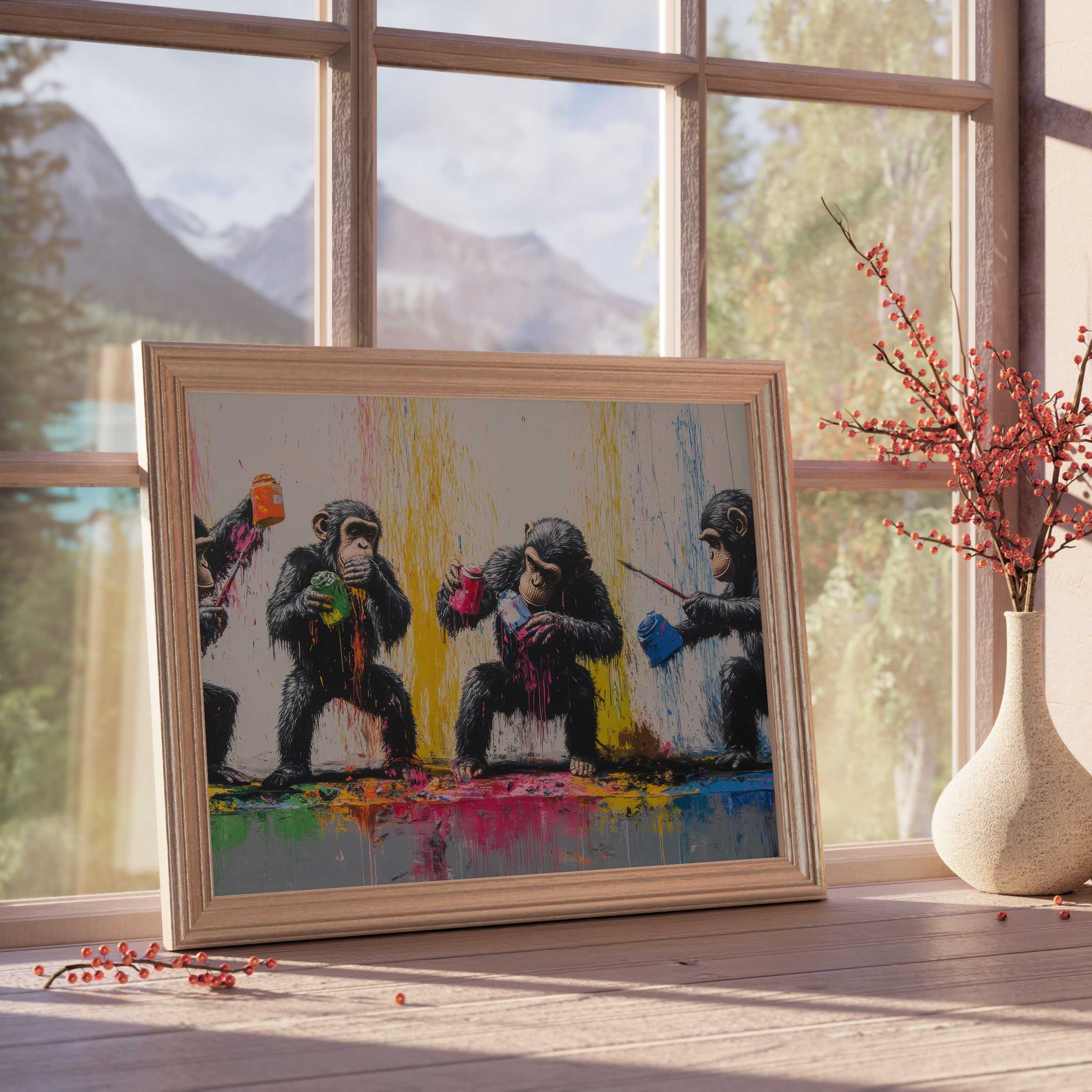 Vibrant street art downloadable art featuring playful chimps with colorful paint, enhancing chic, curated, and lively interiors with urban edge