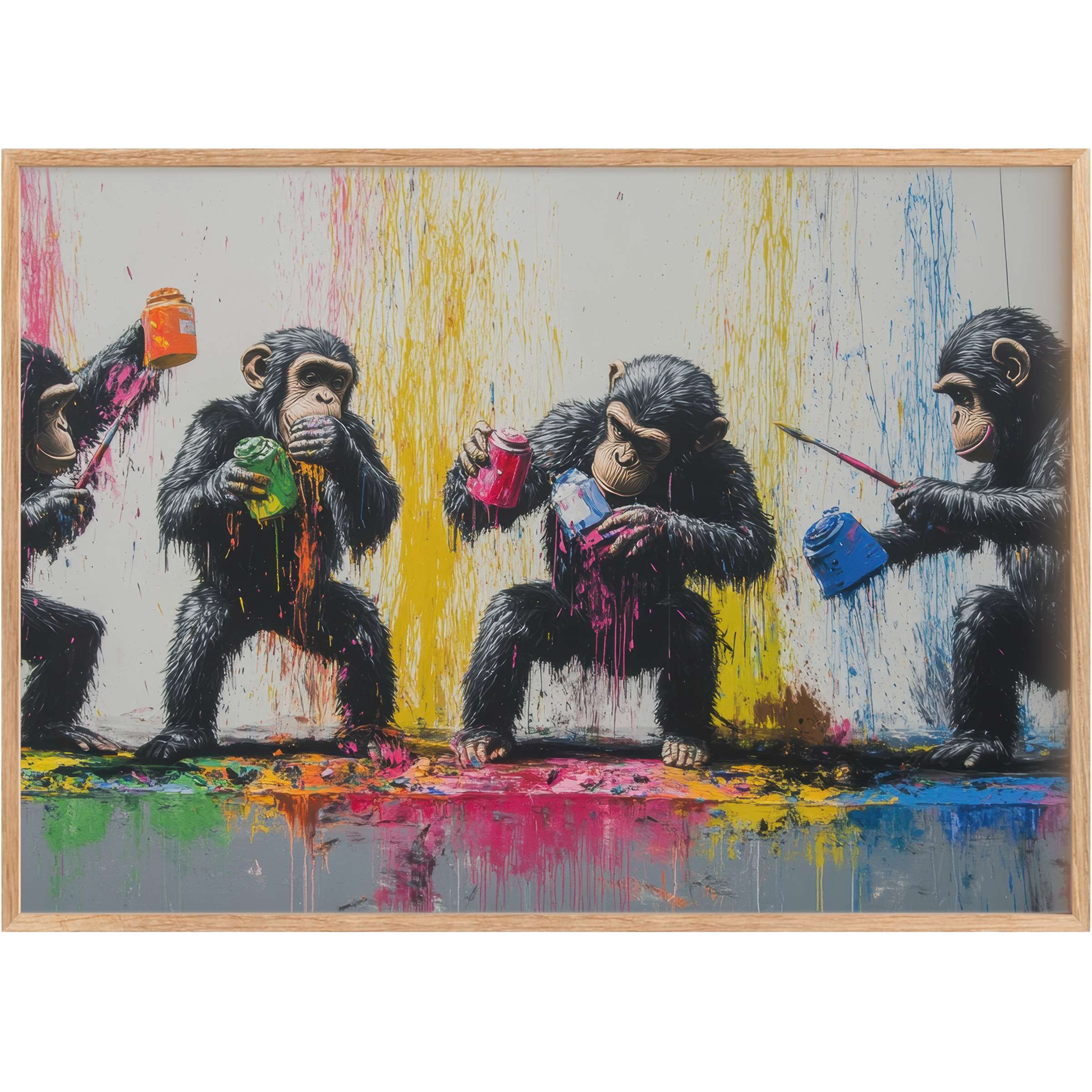 Bold street art printable wall art featuring playful chimps with vibrant splashes of pink, yellow, blue, and green ignites a dynamic, energetic mood