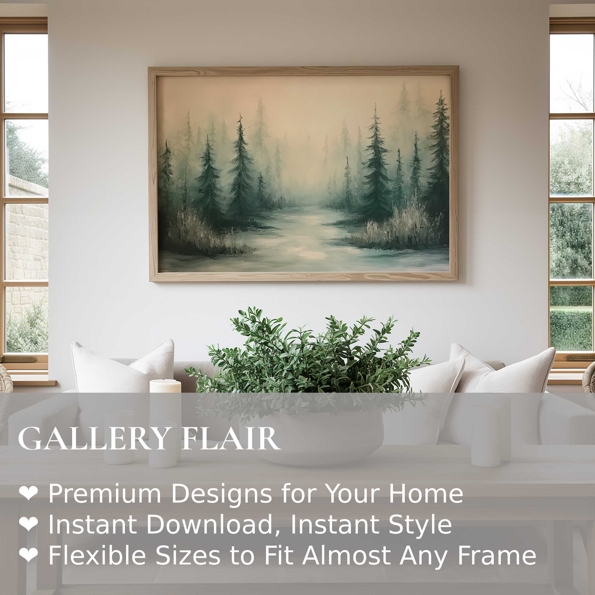Serene tree wall art print depicting a misty forest path with soft greens and muted tones, enhancing modern minimalist decor