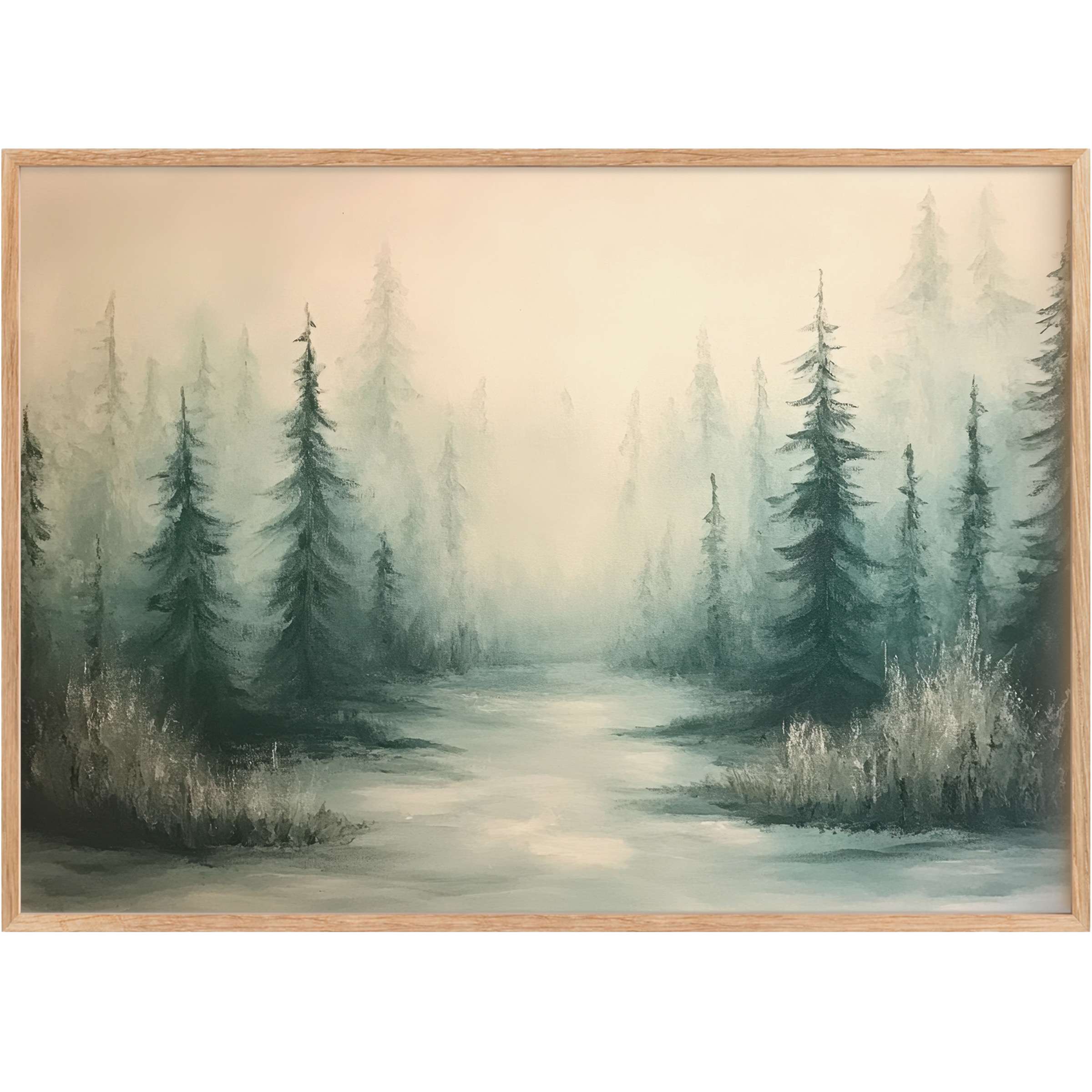 Serene tree printable wall art with misty pines in soft greens and muted greys, evoking calm and refined tranquility