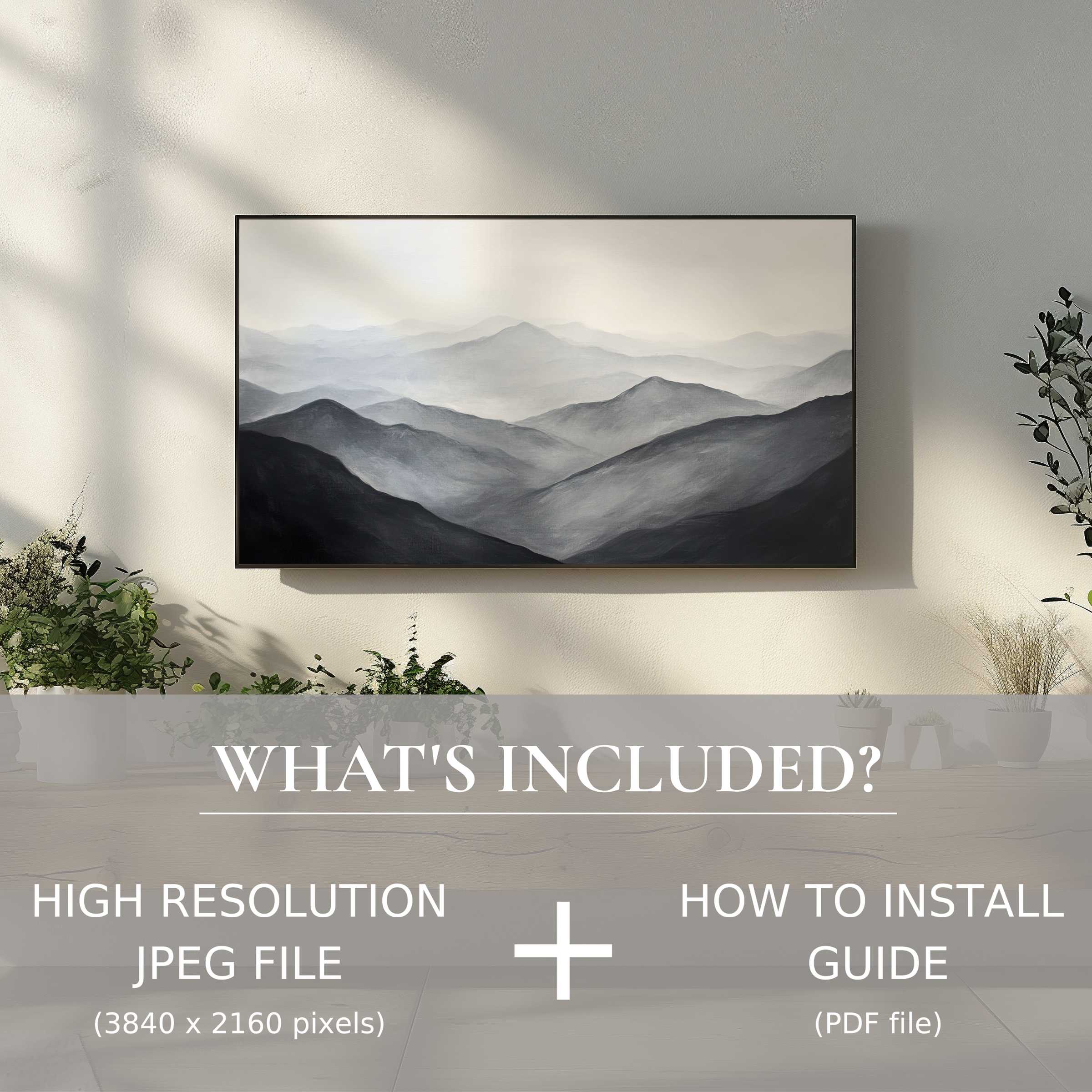 Elegant, modern living room featuring a neutral digital TV art download enhancing ambiance with easy digital use