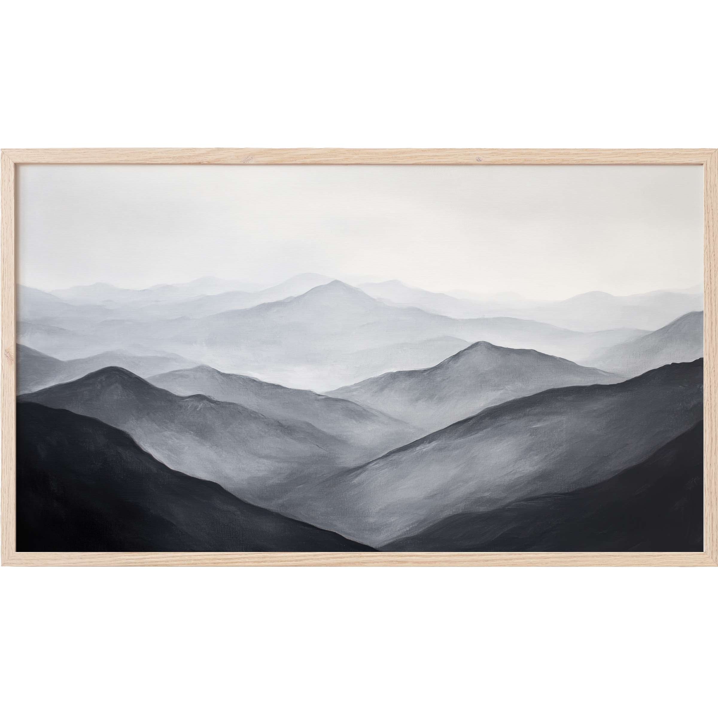 Serene grayscale mountain layers fade into mist, framed in light wood for sophisticated neutral Frame TV Art