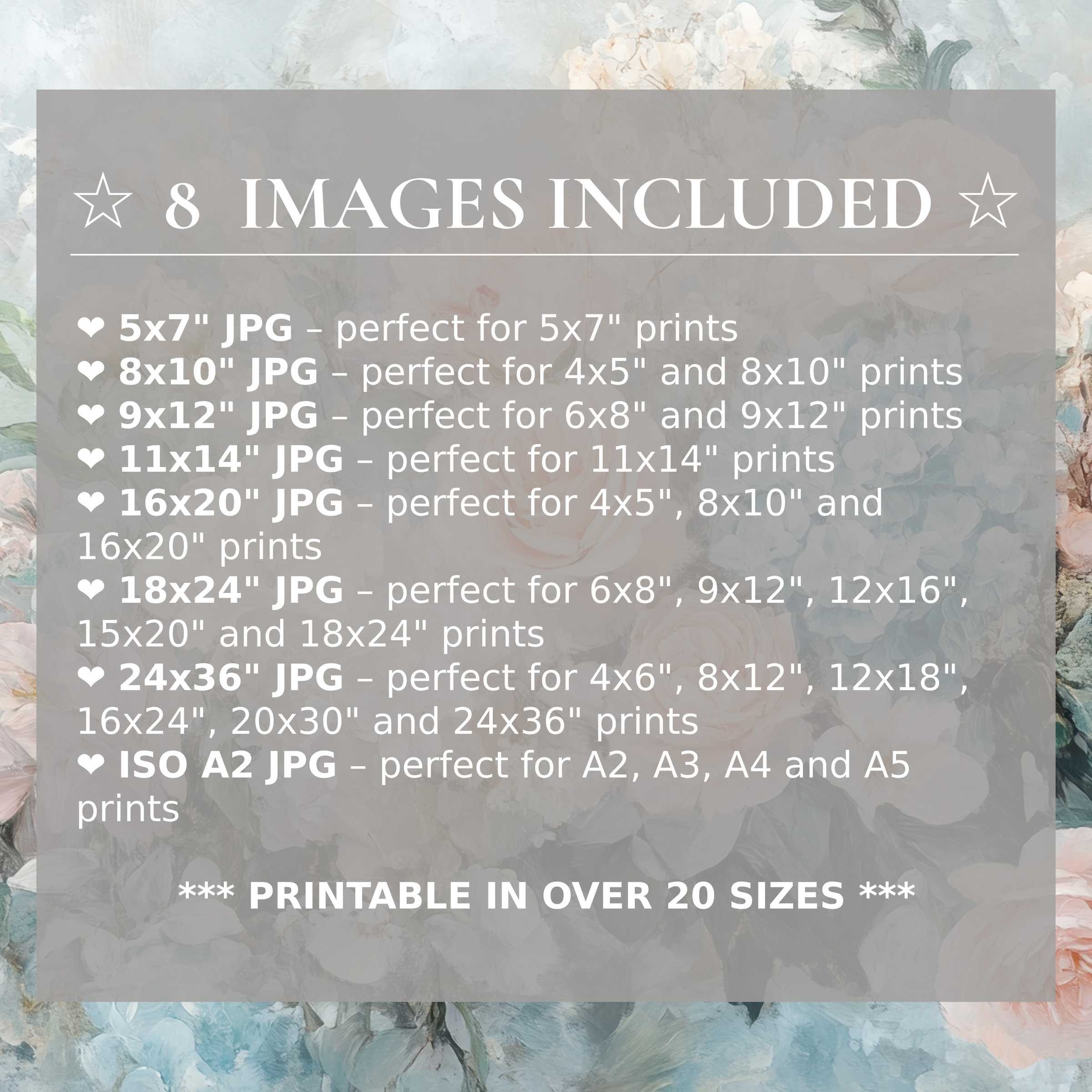 Floral digital print in soft blues and blush hues, exuding calming elegance; includes 8 high-quality sizes for versatile modern decor