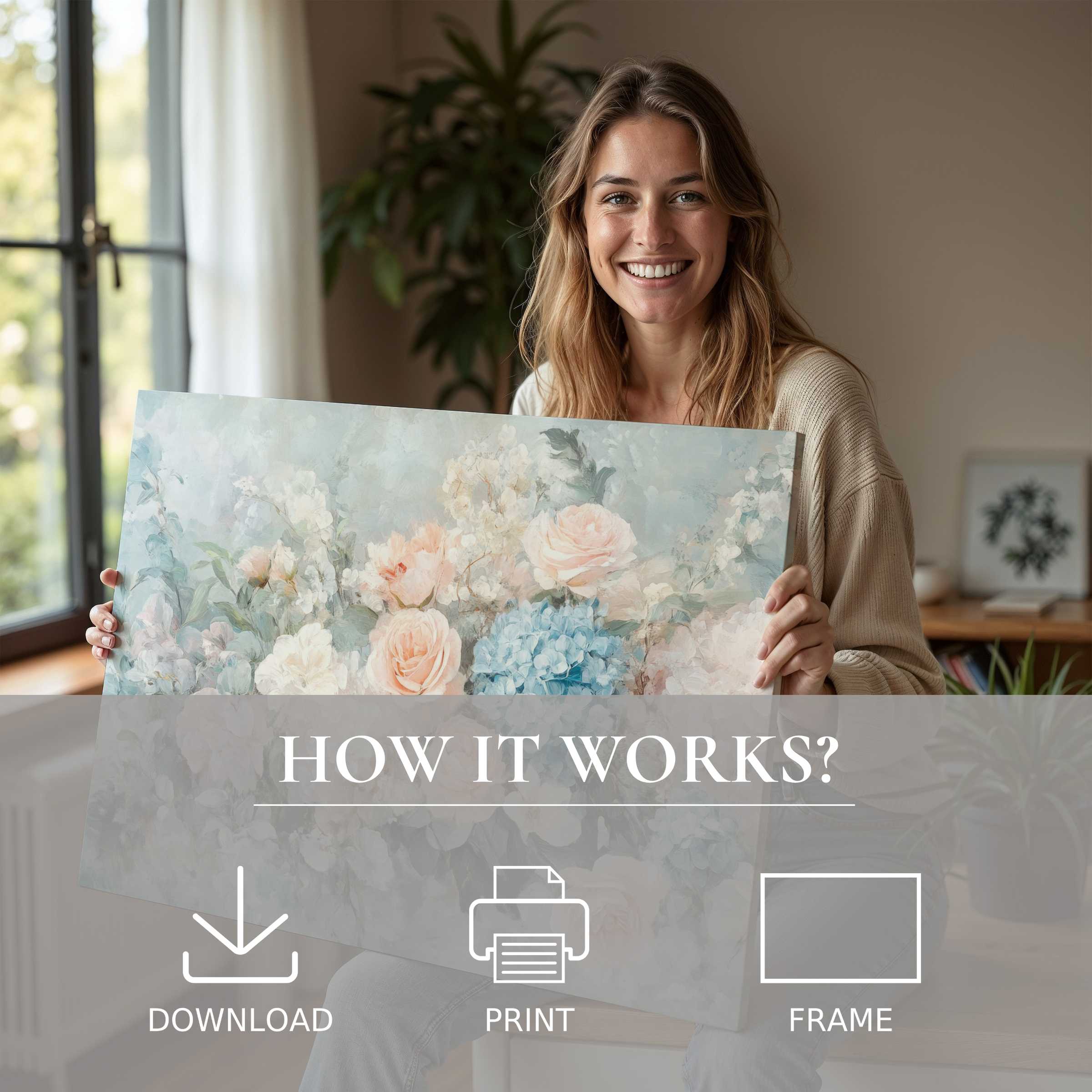 A woman radiates joy as she embraces a floral digital art print, inviting serene beauty and effortless elegance into a modern home
