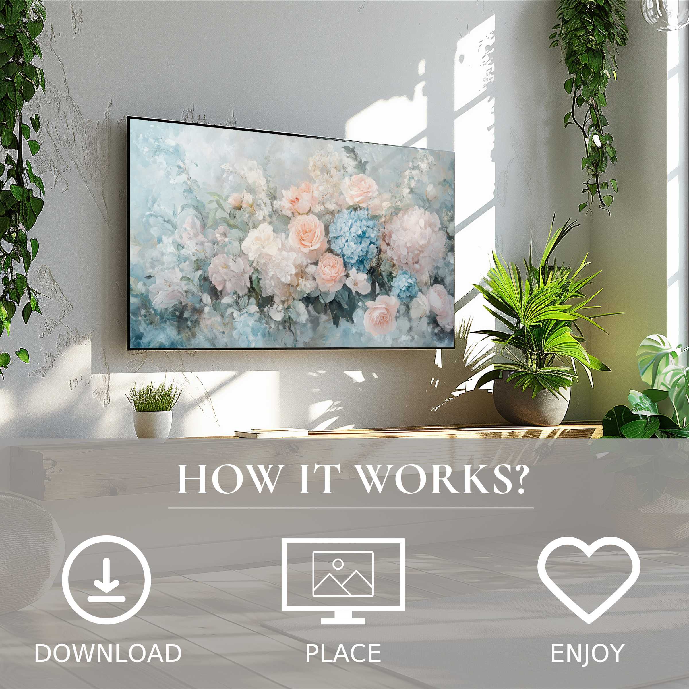 Floral art for Samsung TV shows soft pastel blooms in a bright, modern room; easy digital download enriches space