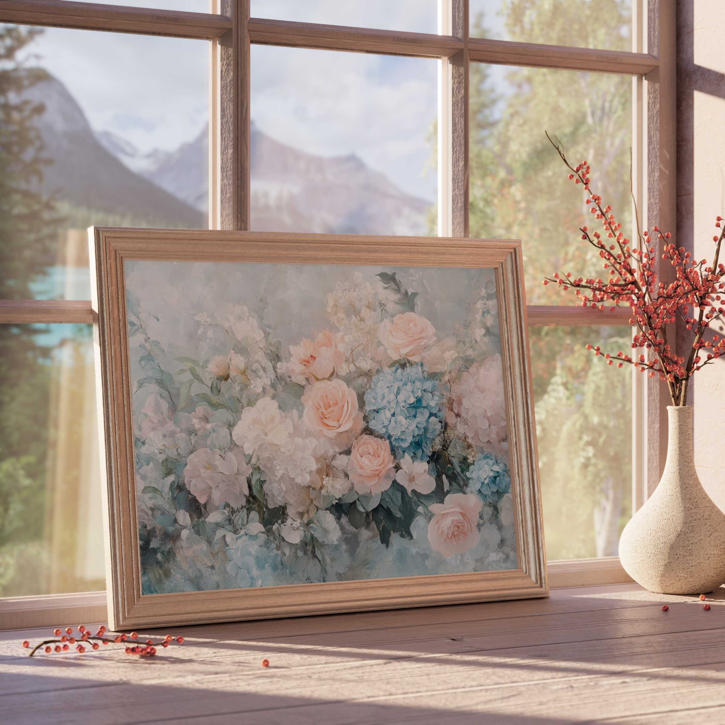 Soft pastel floral downloadable art graces refined spaces with serene charm, elevating sophisticated interiors with vintage-inspired elegance