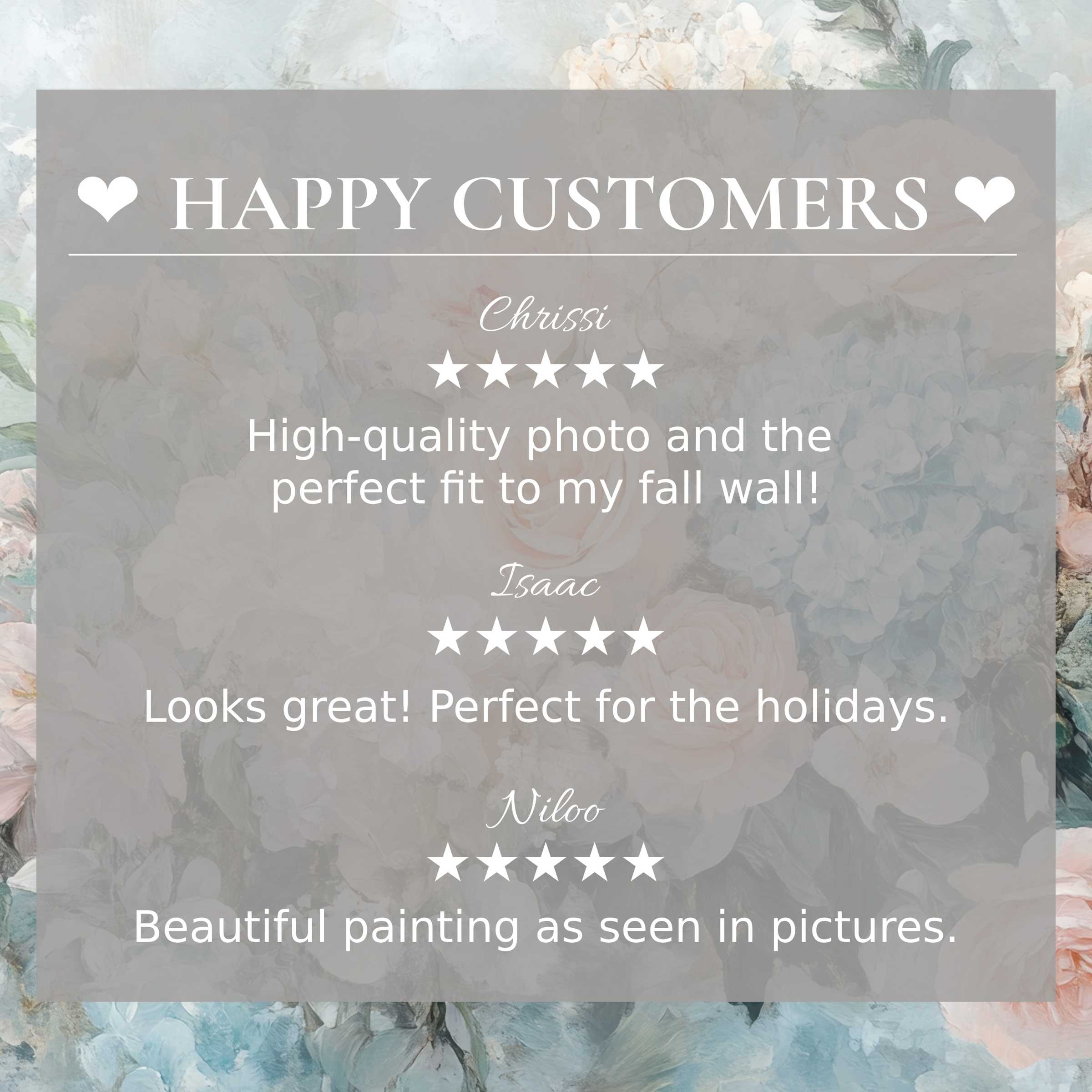 Floral art for Frame TV with soft pastel floral background, happy customer reviews enhance trust and elegance