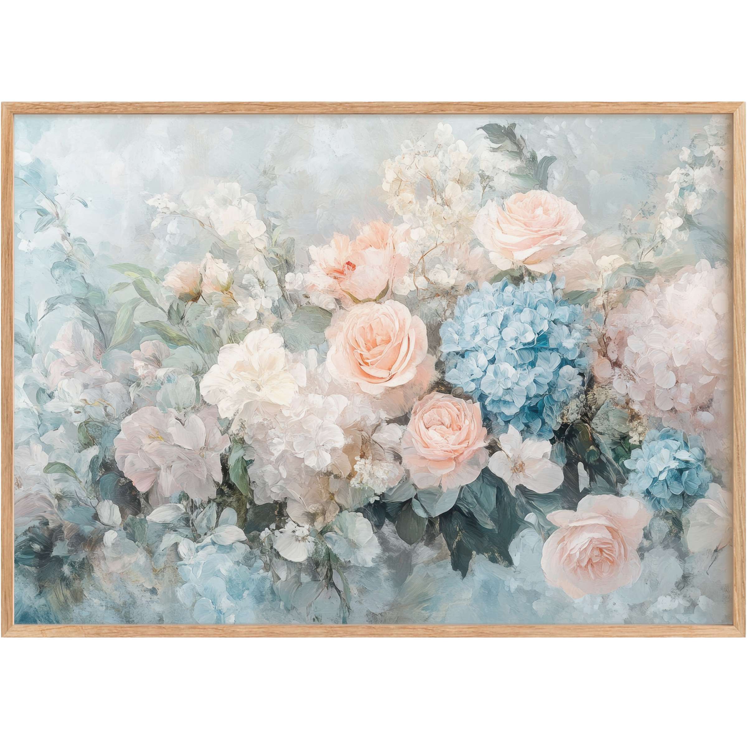 Elegant floral printable wall art with soft blush roses and serene blue hydrangeas, evoking a calming, airy ambiance