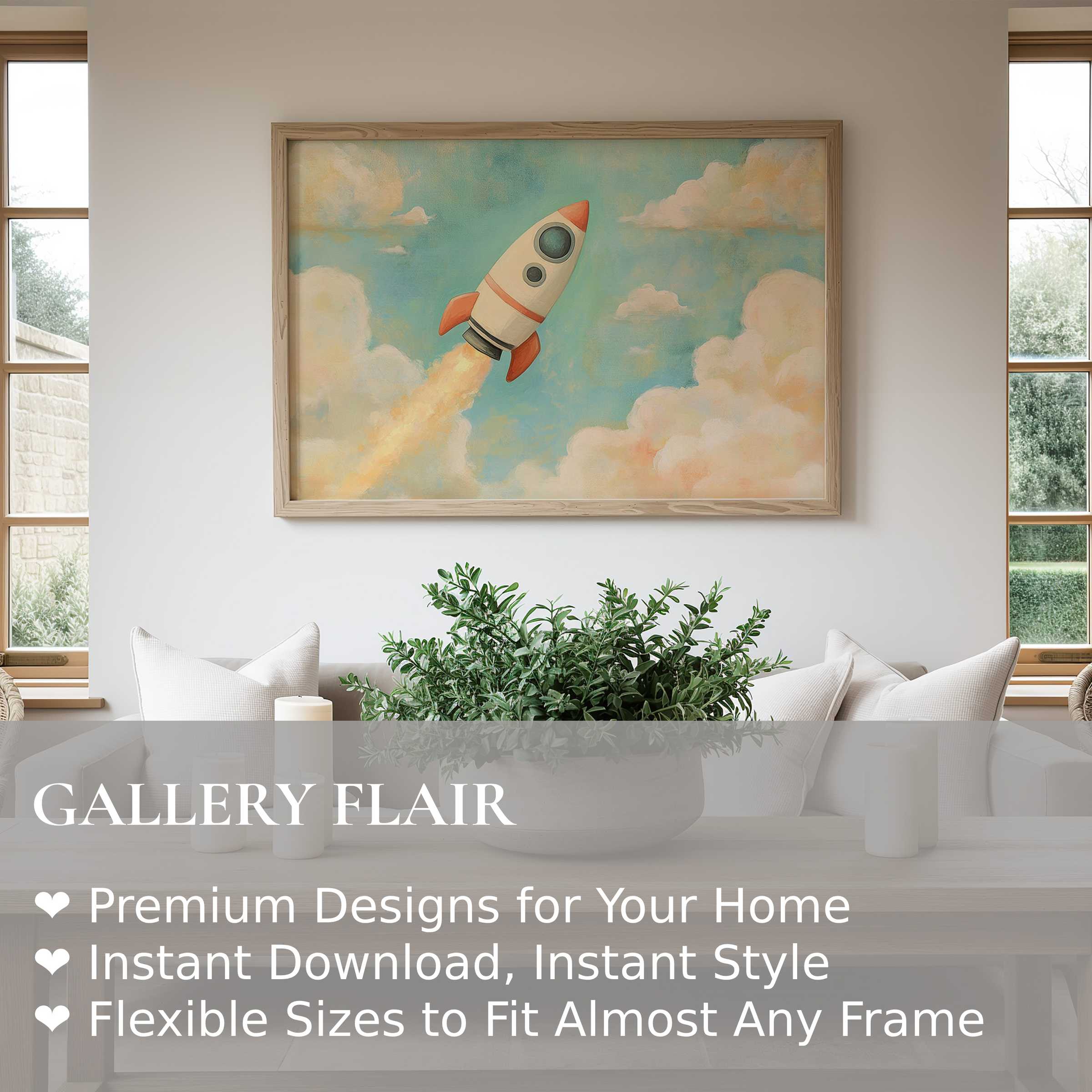 Nursery wall art print featuring a radiant rocket soaring through soft pastel clouds, enhancing serene, modern nursery decor