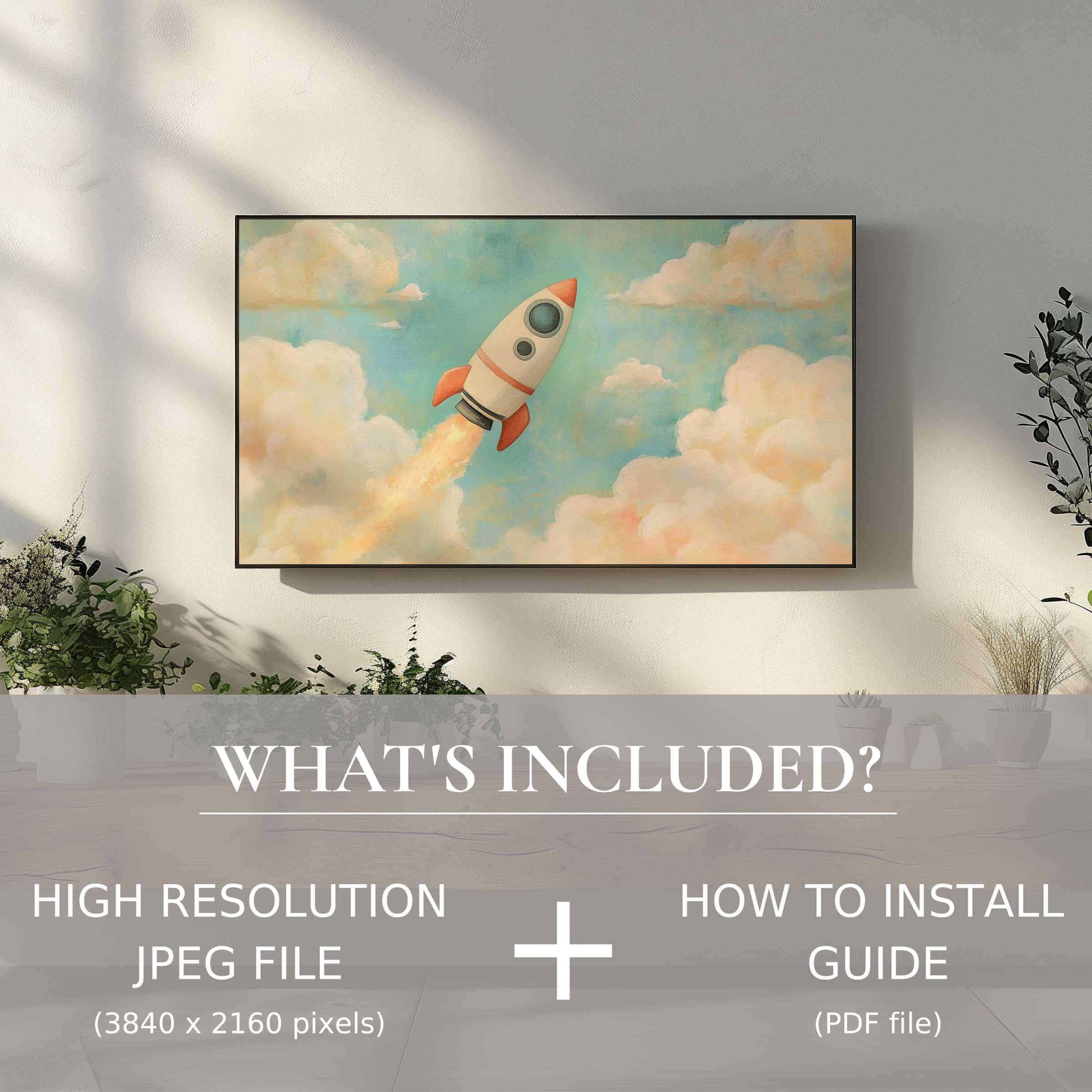Elegant nursery digital TV art download of rocket in sky, easy digital use enhances stylish living spaces with charm