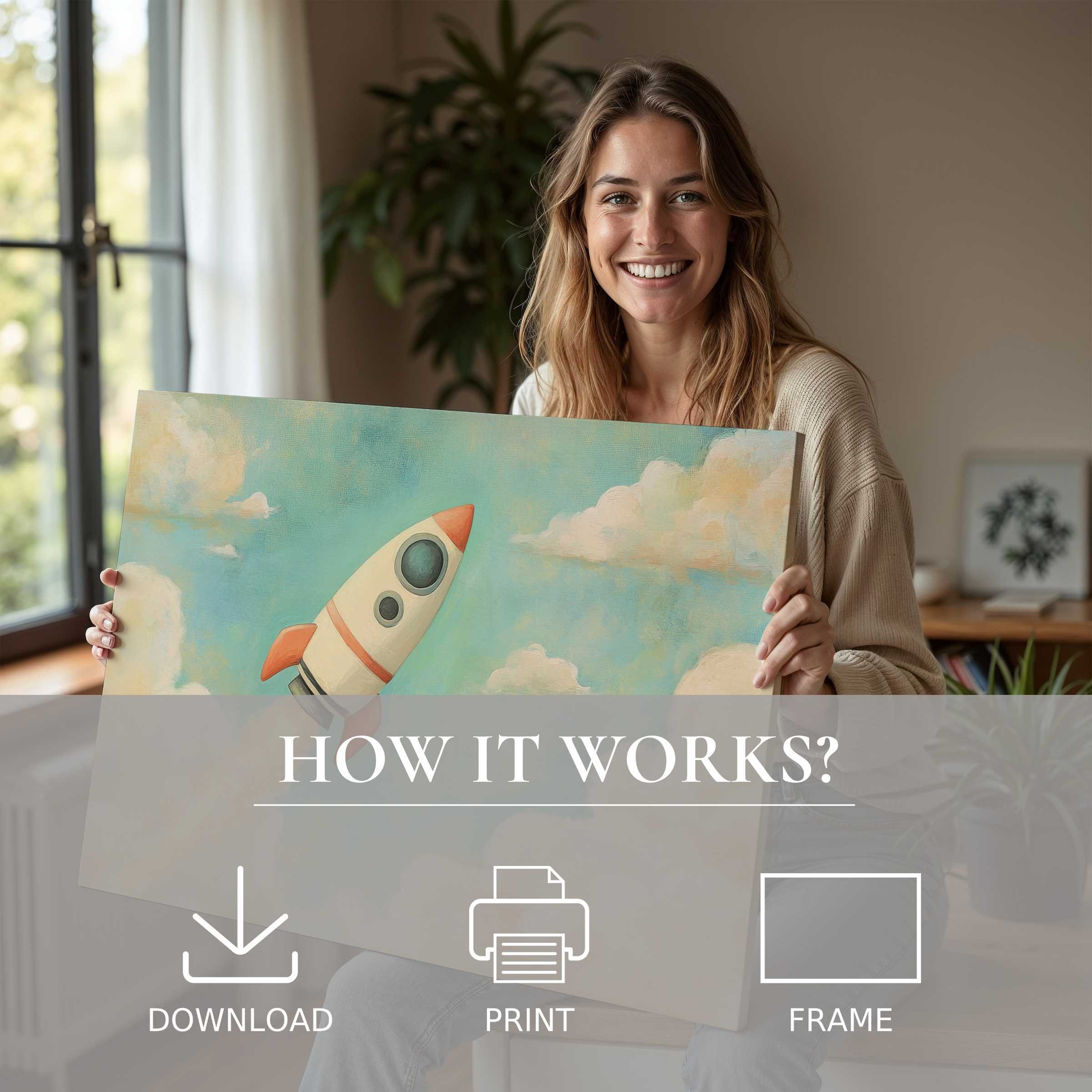 Smiling woman embraces a nursery digital art print of a whimsical rocket, embodying joy and effortless elegance in modern home decor