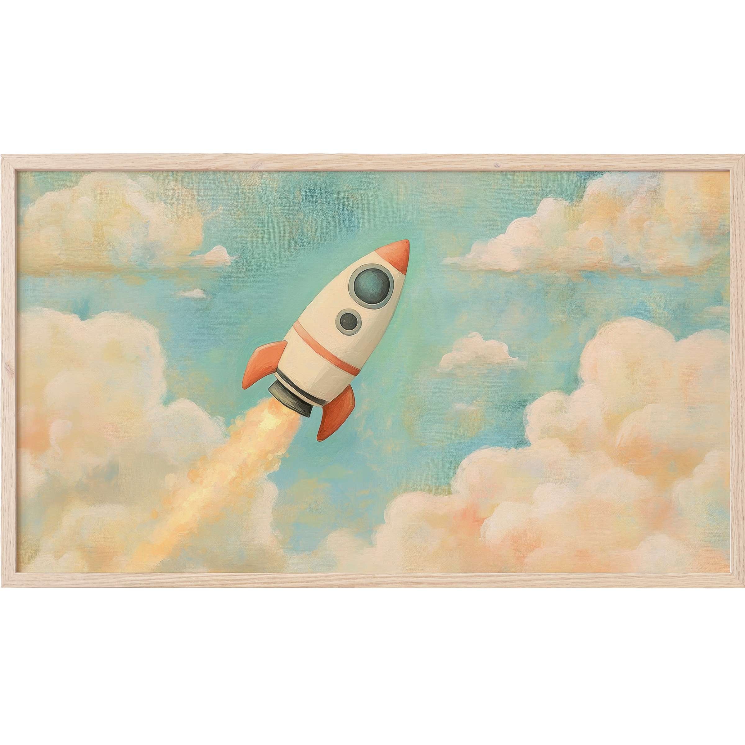 Whimsical rocket soars through soft pastel clouds in elegant, modern nursery Frame TV Art with dreamy blue and cream hues