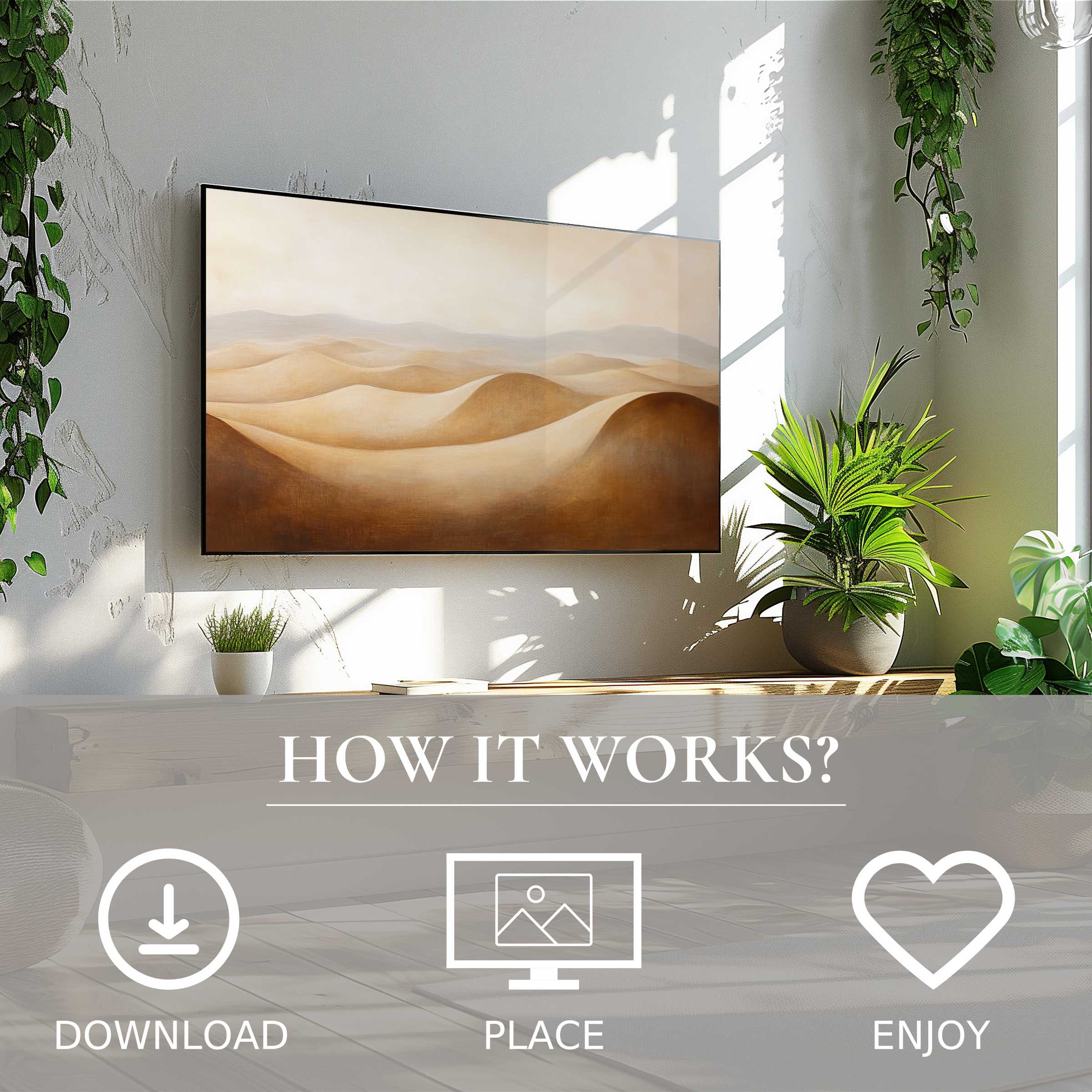 Vintage art for Samsung TV shows soft desert tones on Frame TV, easy digital download enriches modern living space