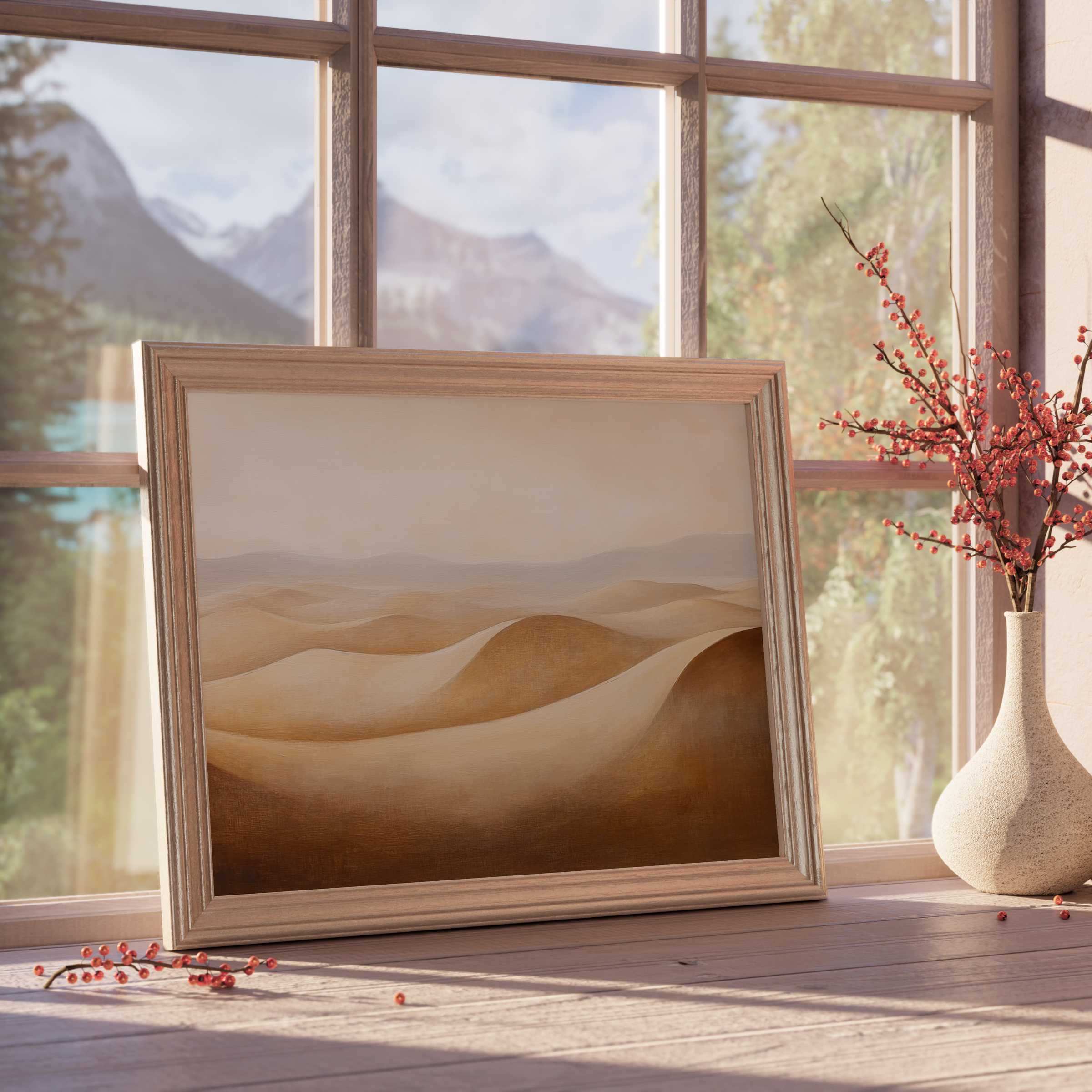Vintage downloadable art capturing serene desert dunes in warm earthy tones, elevating tranquil, curated interiors with timeless elegance