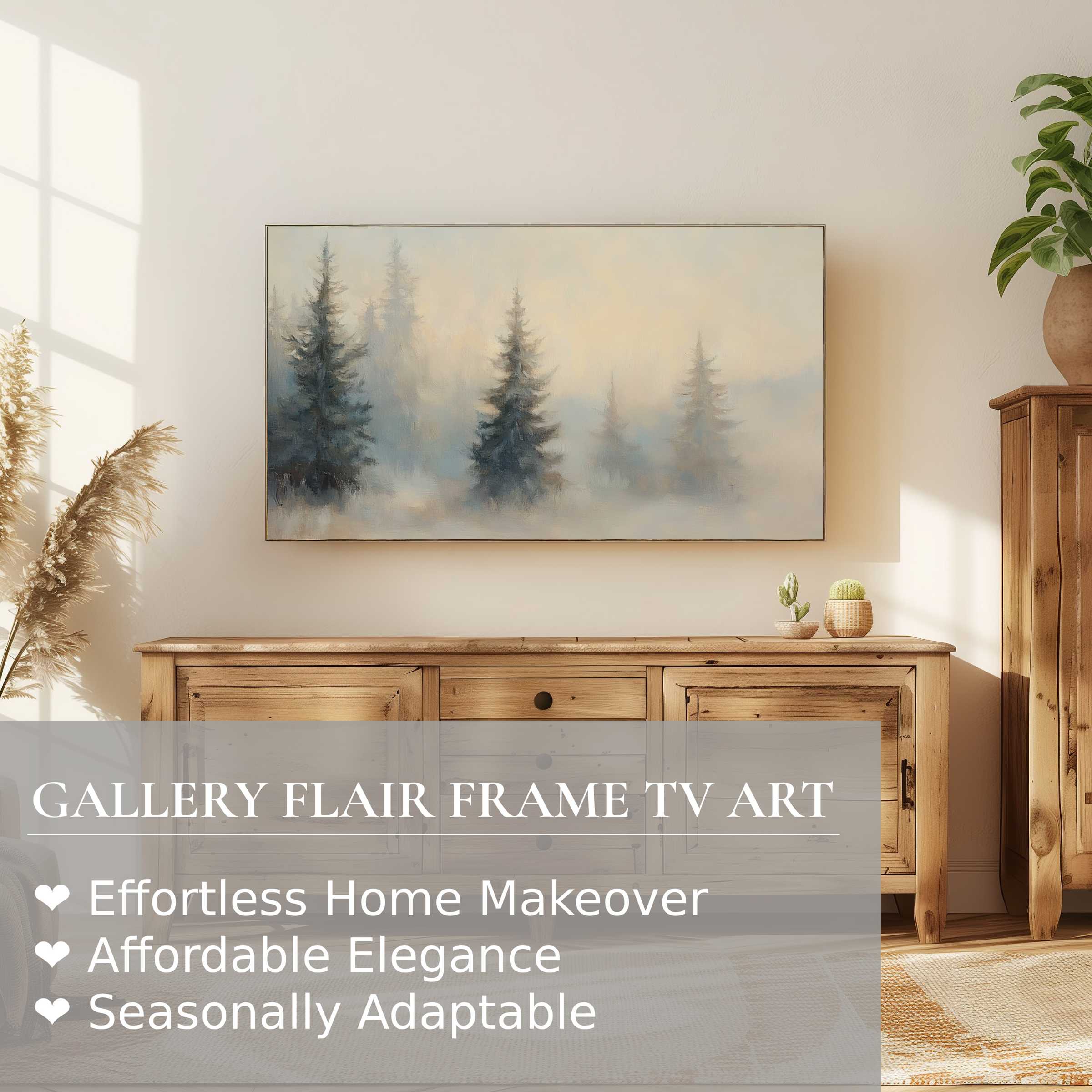 Samsung Frame TV displaying serene landscape digital artwork of misty pine trees in soft, muted tones for elegant decor
