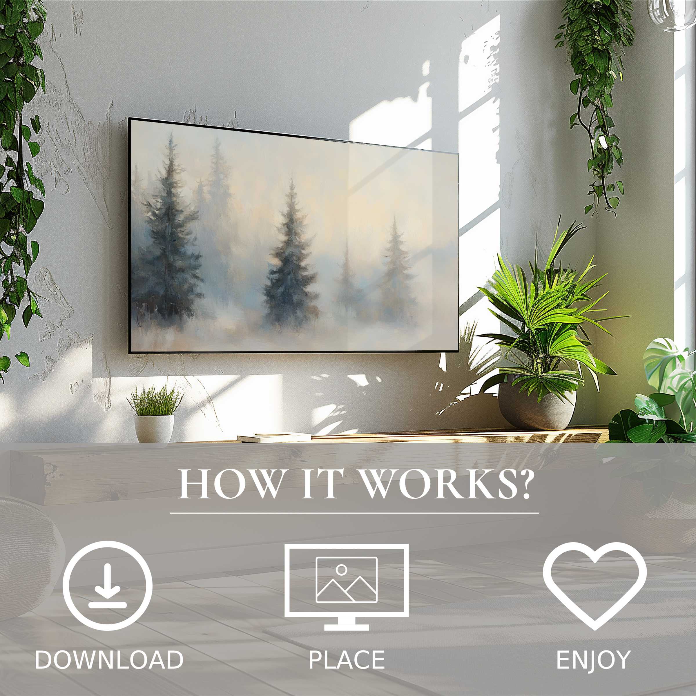 Landscape art for Samsung TV shows misty pine trees in soft tones, easy digital download enriches modern living space