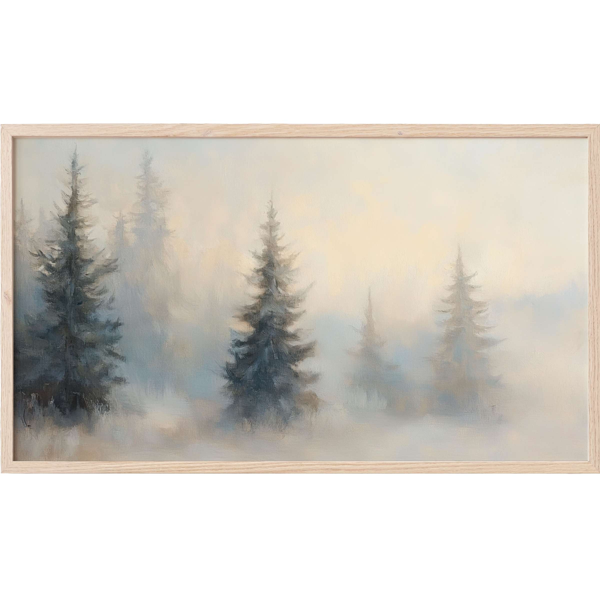 Mist-shrouded pine trees in muted blues and greys evoke calm in this serene landscape Frame TV Art