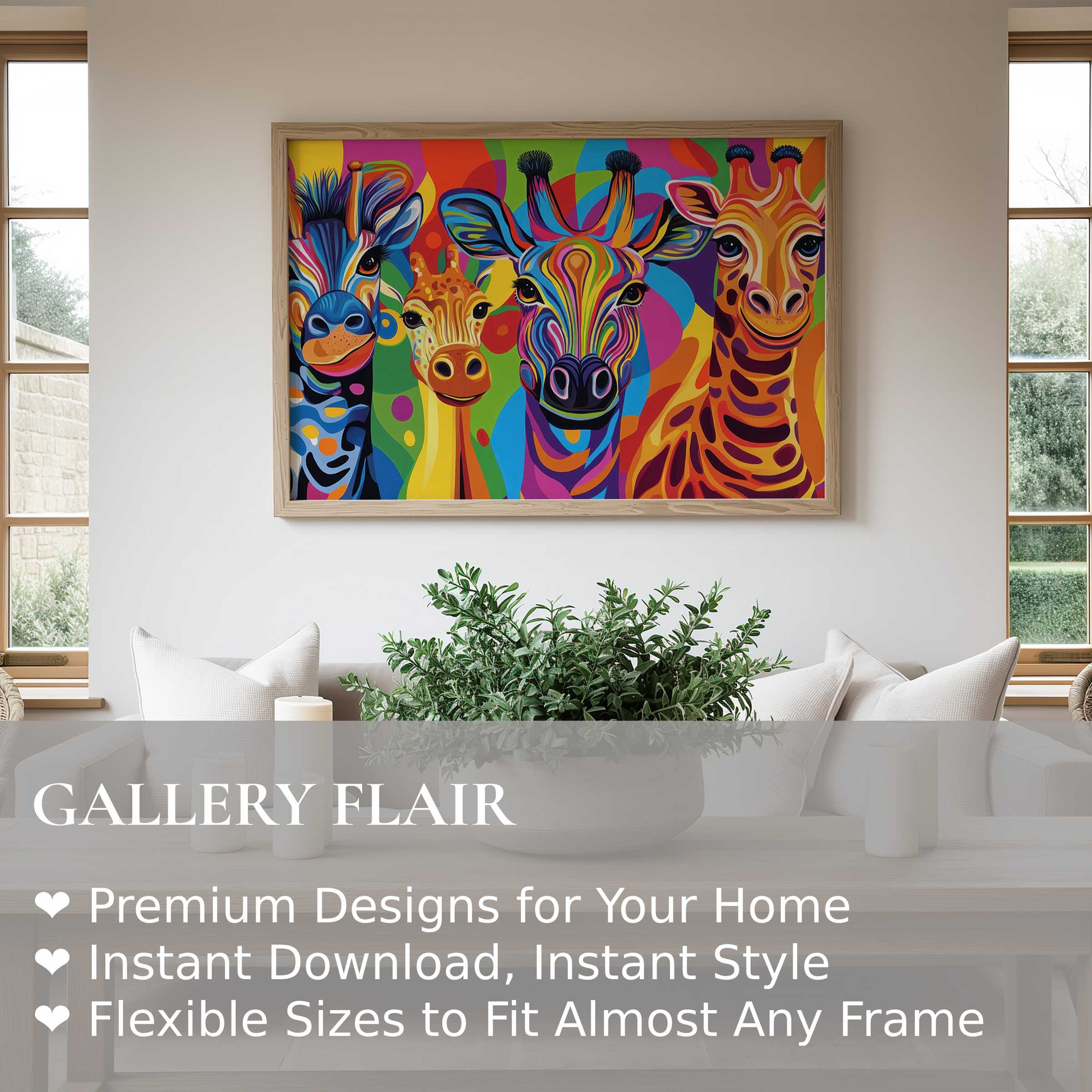 Vibrant pop art wall art print featuring colorful giraffes energizes a modern minimalist living space with playful boldness and contemporary flair