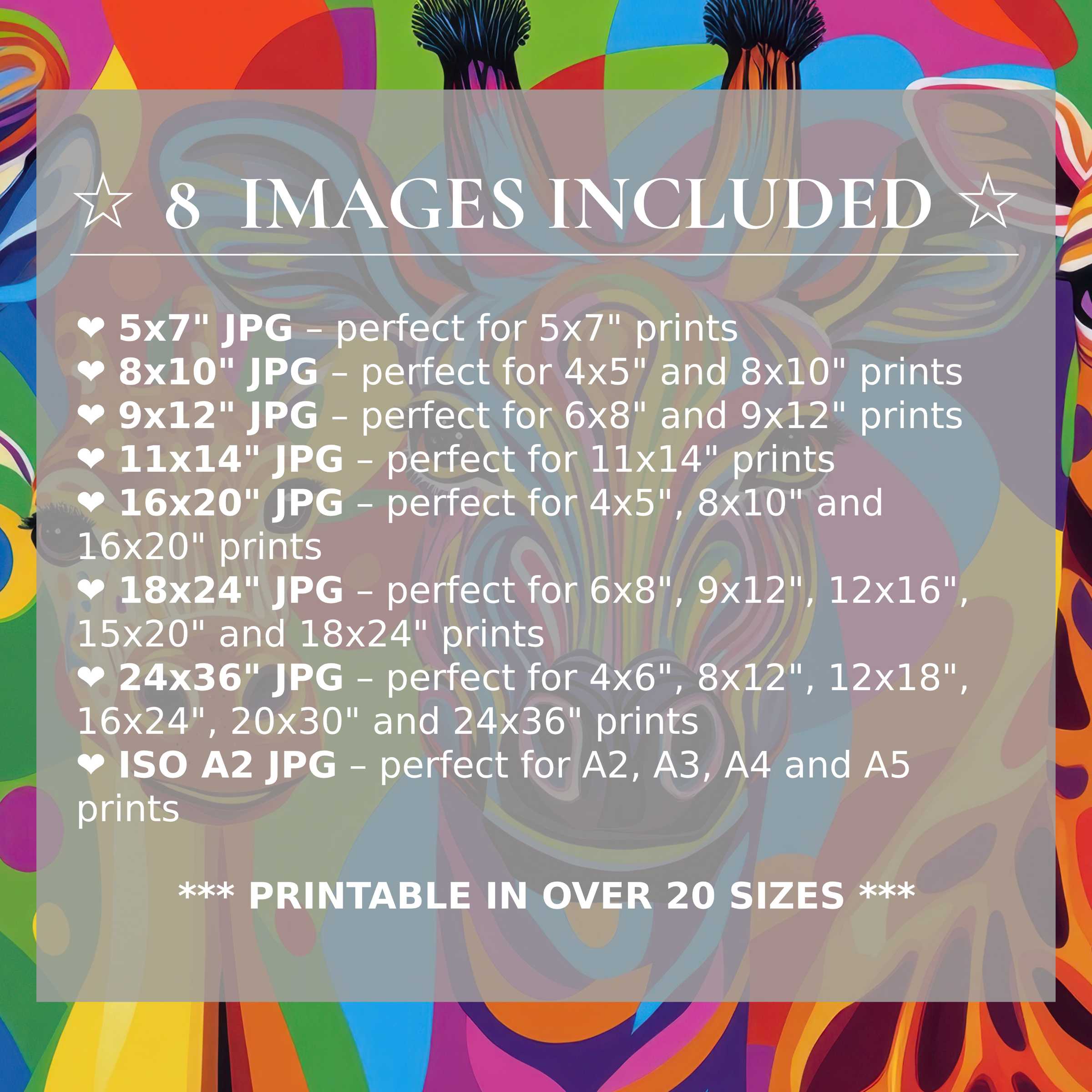 Vibrant pop art digital print with radiant blues, oranges, and greens, included in 8 high-quality sizes to elevate modern interiors with bold style and versatile luxury