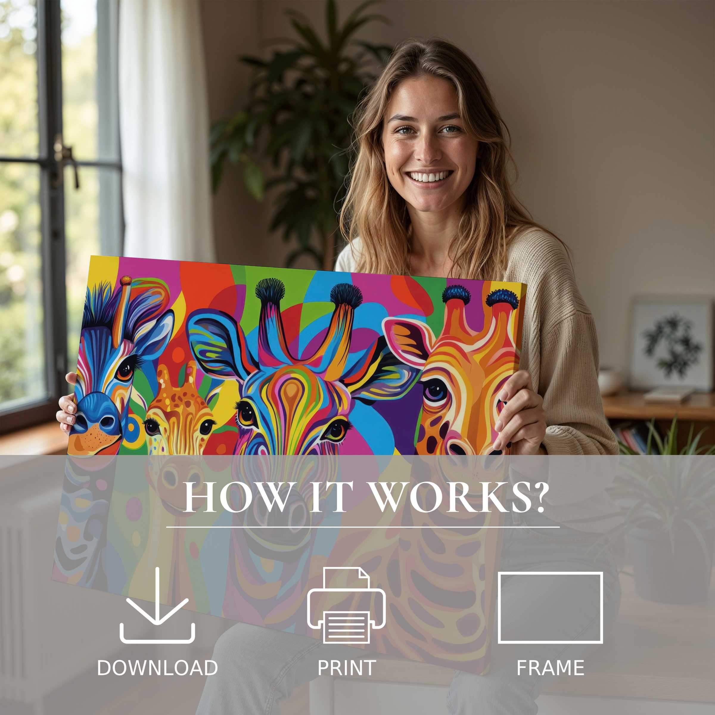 Radiant pop art digital art print of vibrant giraffes bringing joyful, modern elegance to a serene, stylish living space