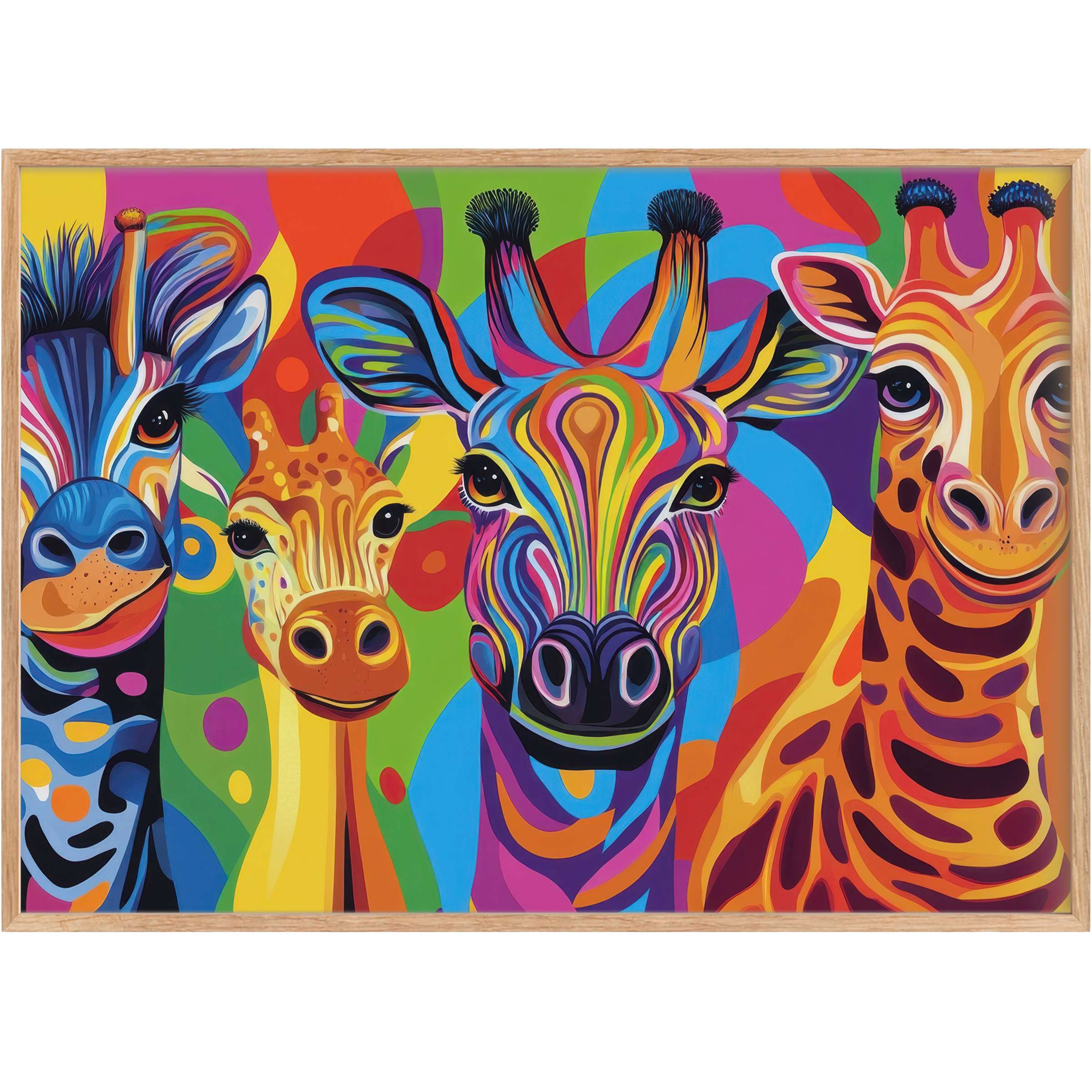 Vibrant pop art printable wall art featuring colorful giraffes, radiating joyful energy with bold blues, oranges, and pinks for a lively space