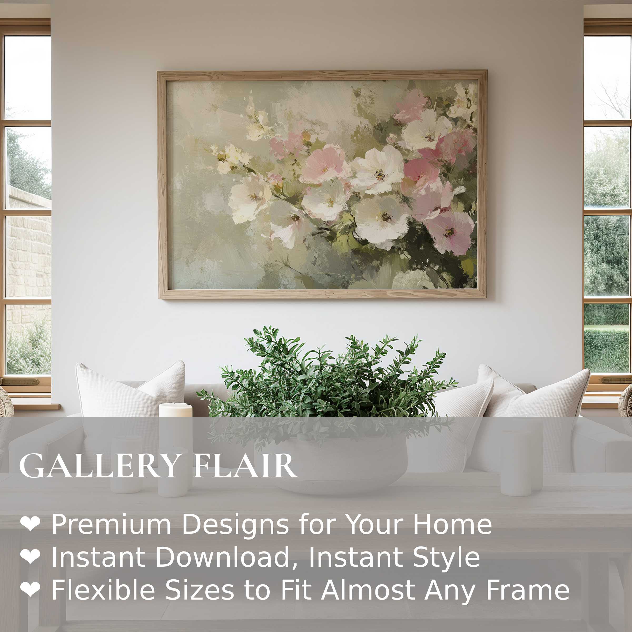 Elegant summer wall art print featuring soft pink and white blossoms in a serene, modern living space, enhancing calm minimalist decor