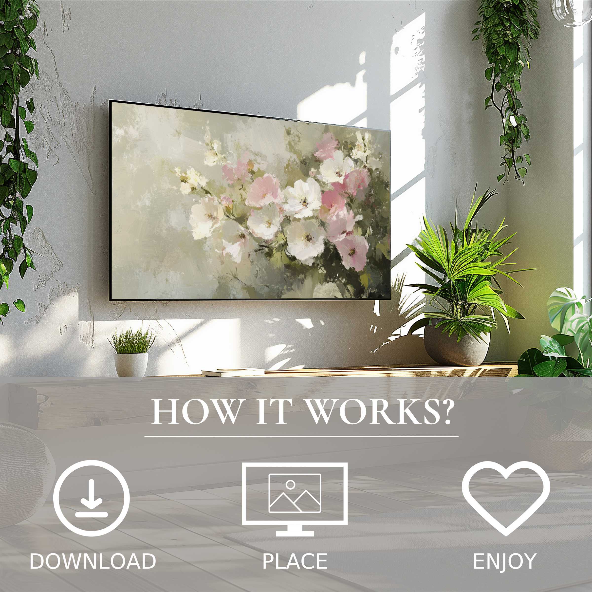 Summer art for Samsung TV: soft floral motif on Frame TV, easy digital download enriches modern, bright living spaces