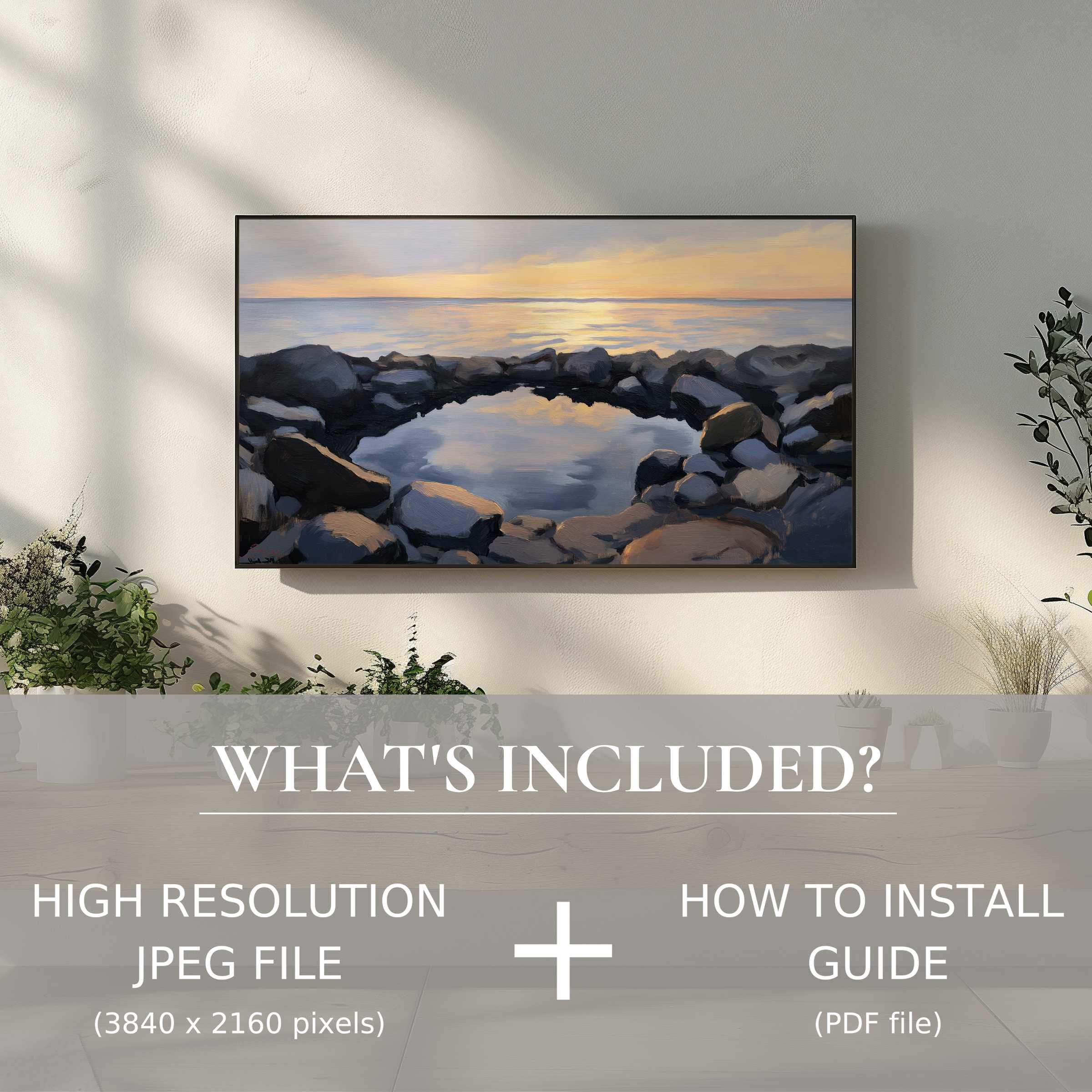 Elegant coastal digital TV art download showcases tranquil seascape, enhancing modern living spaces with easy digital use