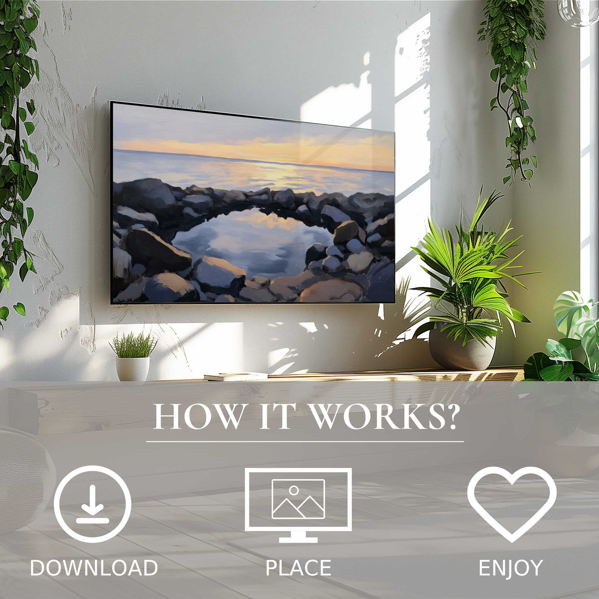 Modern living room with lush plants; coastal art for Samsung TV shows soft sunset tones, easy digital download for decor