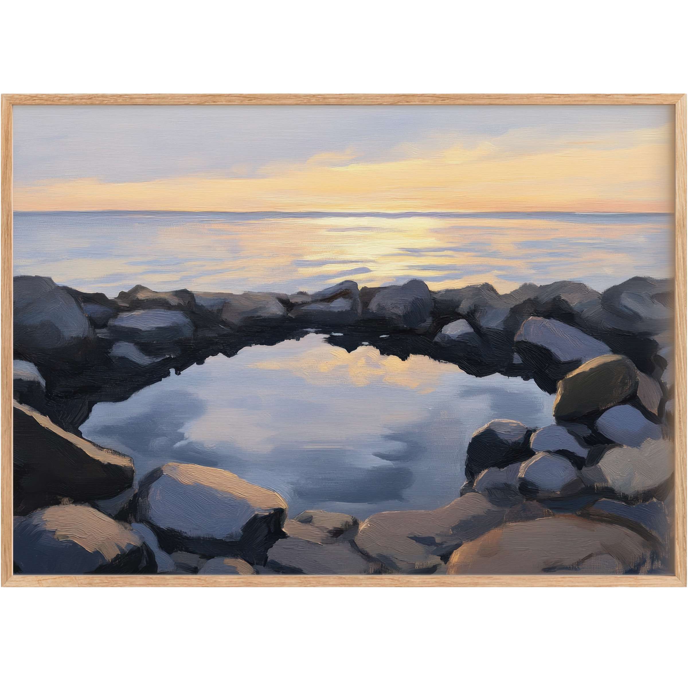 Coastal printable wall art captures a serene tide pool at sunset, with soft blues and warm golds evoking tranquil, reflective calm