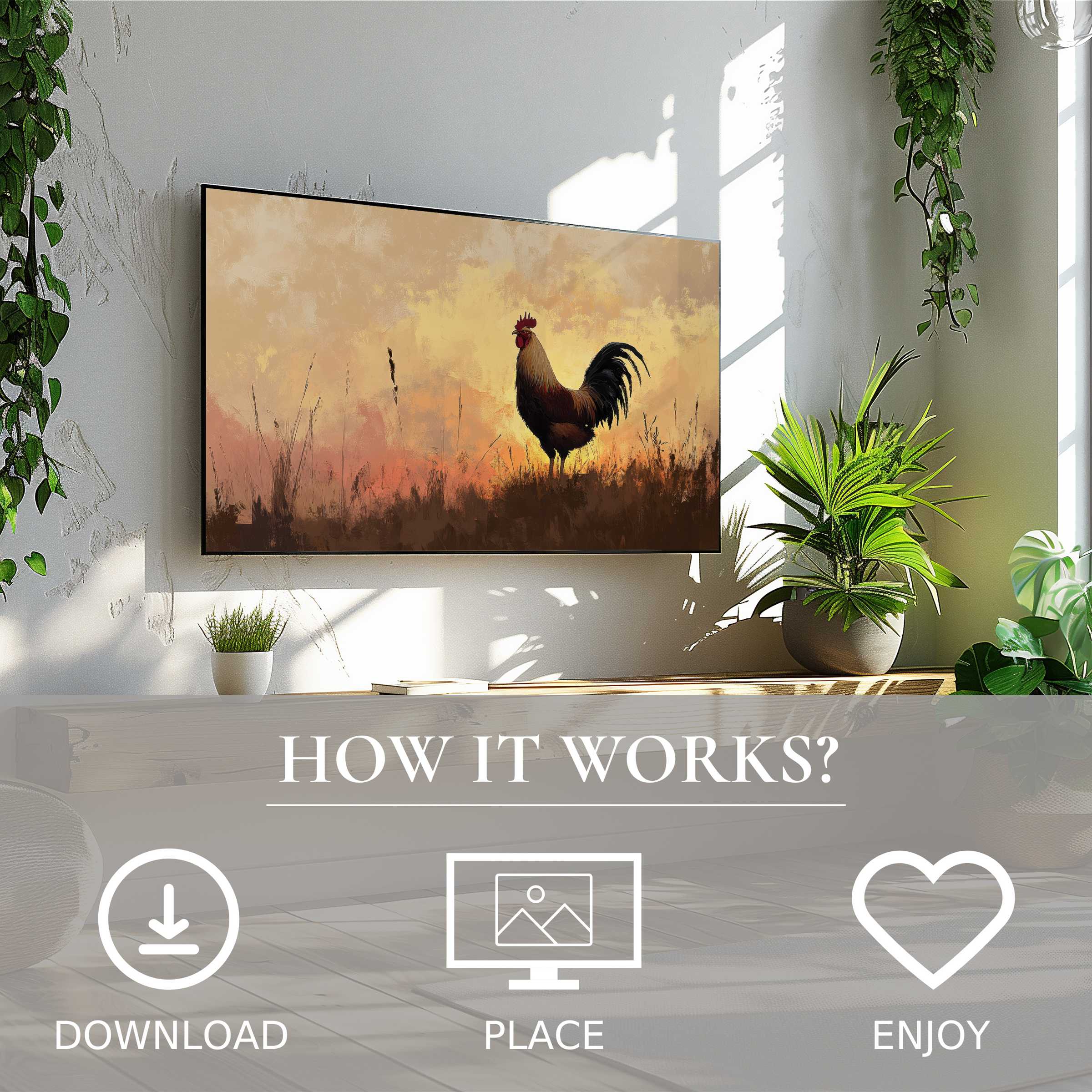 Farmhouse art for Samsung TV shows a rooster silhouette with soft sunset tones, easy digital download enriches room