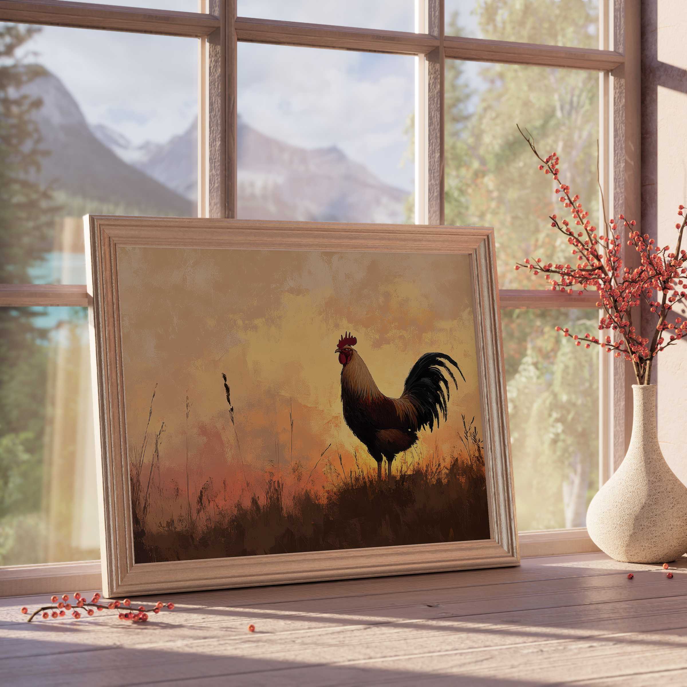 Farmhouse downloadable art featuring a majestic rooster at dawn, infusing serene, rustic charm into curated, elegant interiors