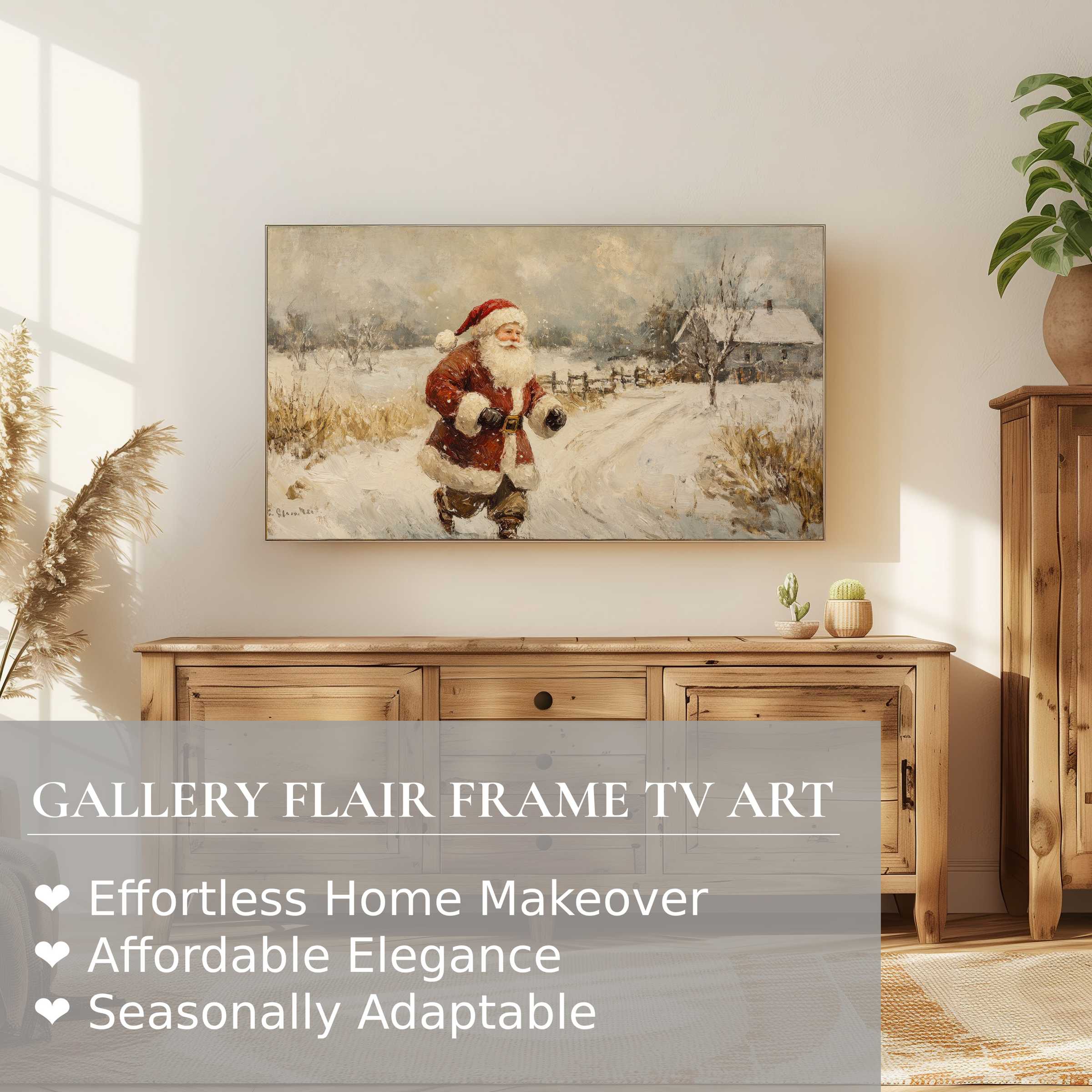 Elegant snowy Santa scene displayed on Samsung Frame TV showcasing refined christmas digital artwork in a warm, modern setting
