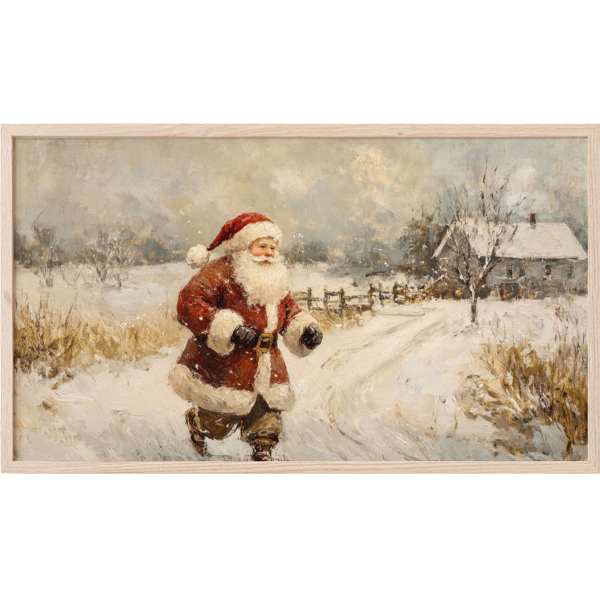 Vintage-style painting of Santa running through a snowy rural landscape in muted tones, christmas Frame TV Art