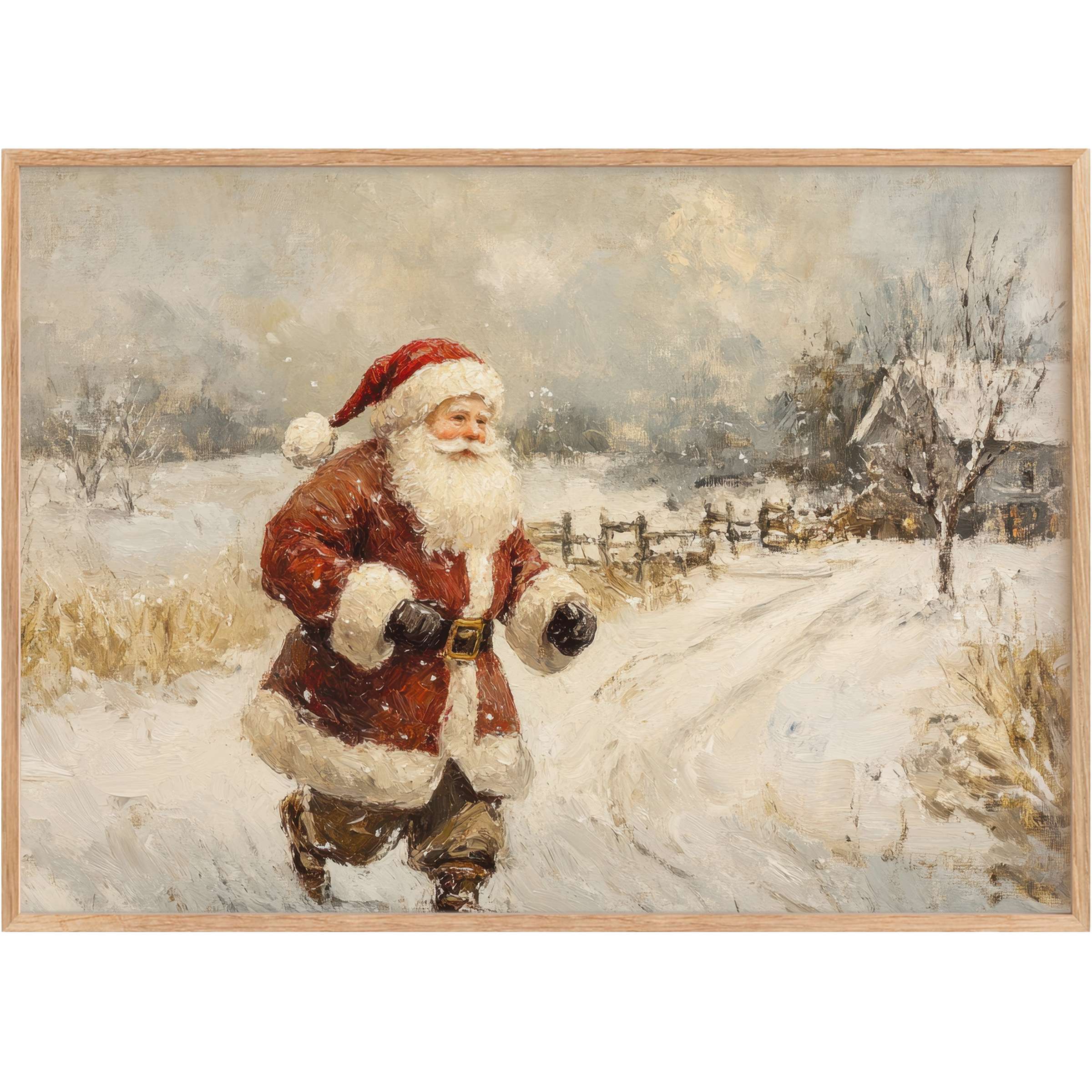 Santa Claus joyfully traverses a serene snow-covered landscape, adding warmth and charm to Christmas printable wall art with soft reds and muted whites