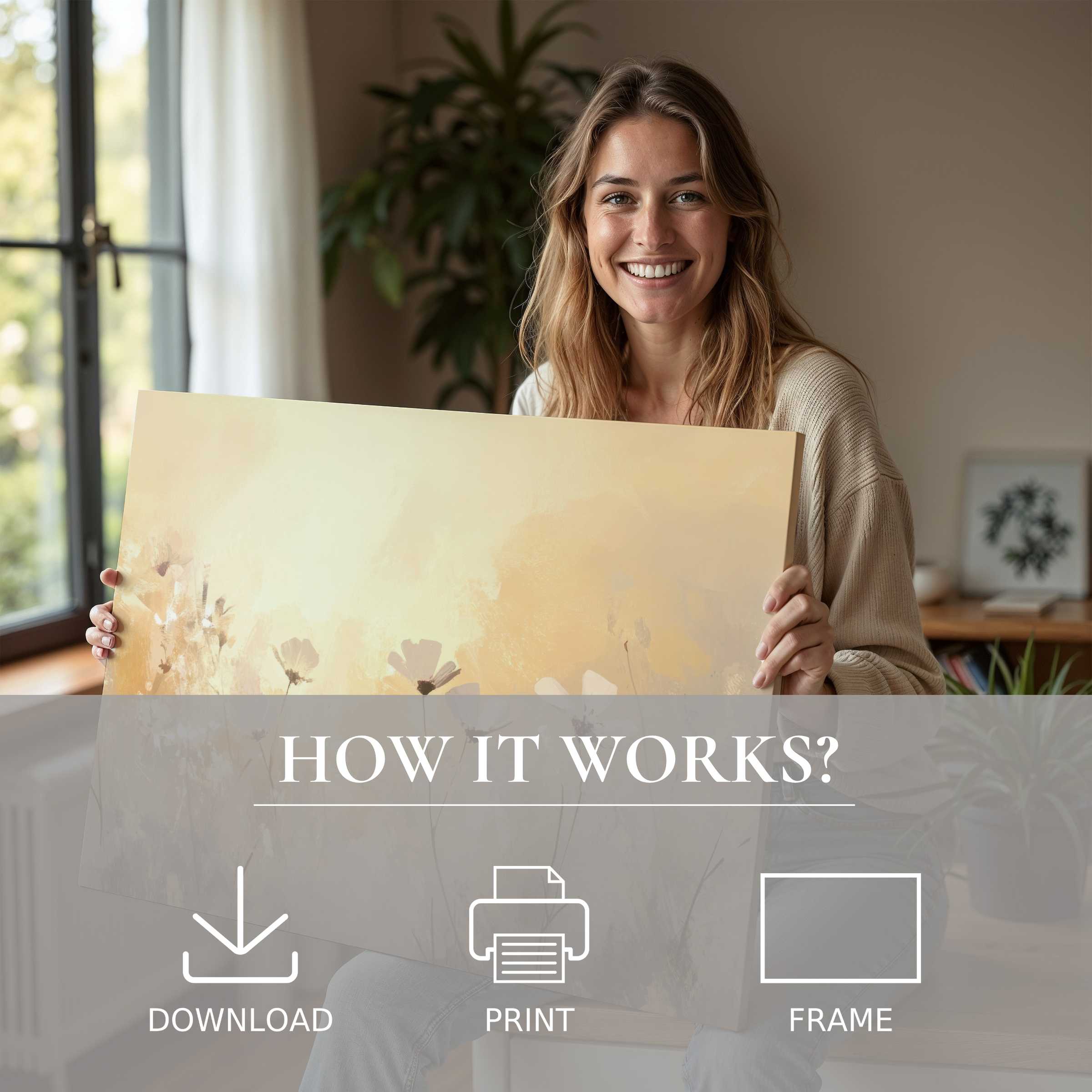 Radiant spring digital art print embraced in a sunlit modern home, capturing genuine joy and seamless style in art living