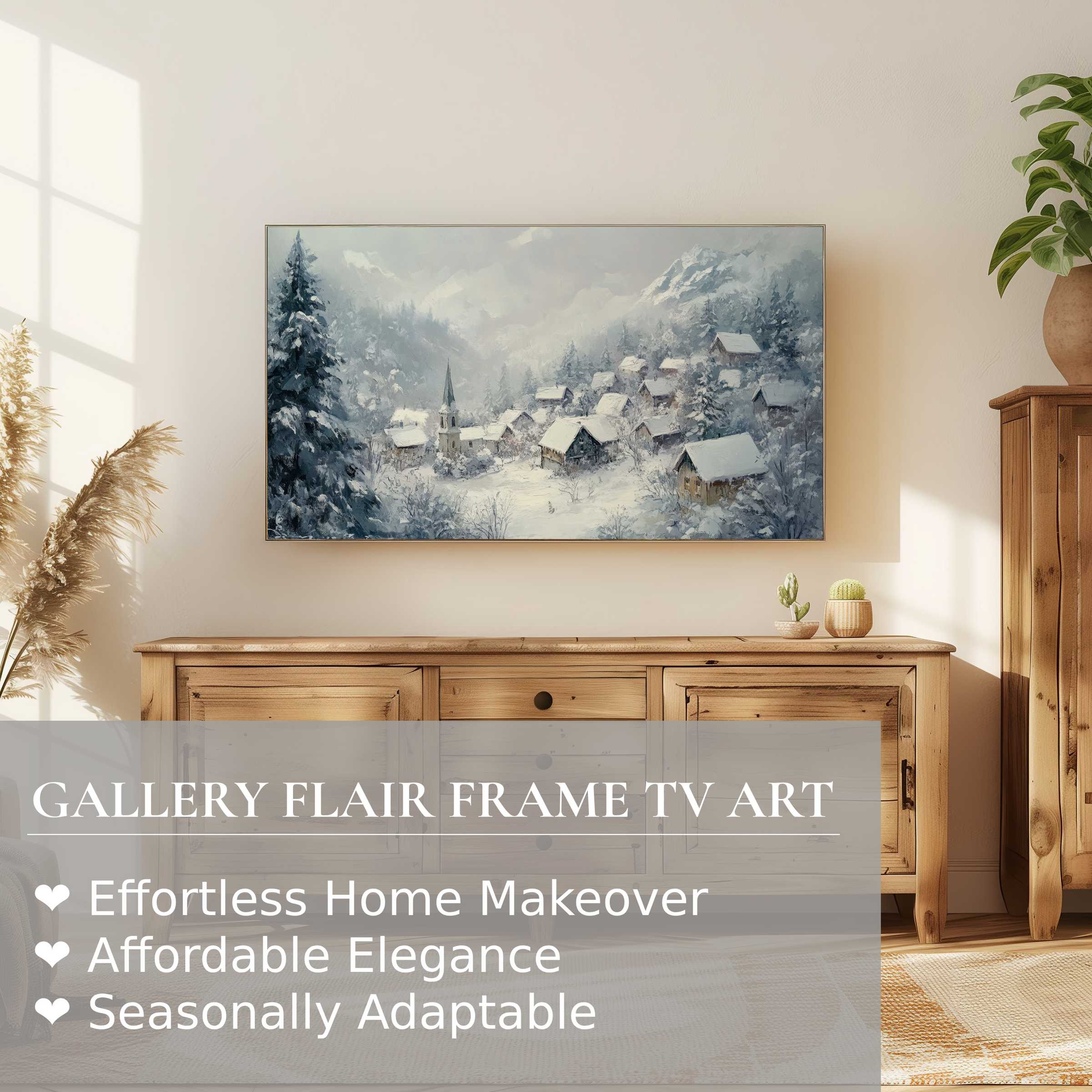 Samsung Frame TV displays serene winter digital artwork in a cozy modern setting with warm wooden accents and natural light