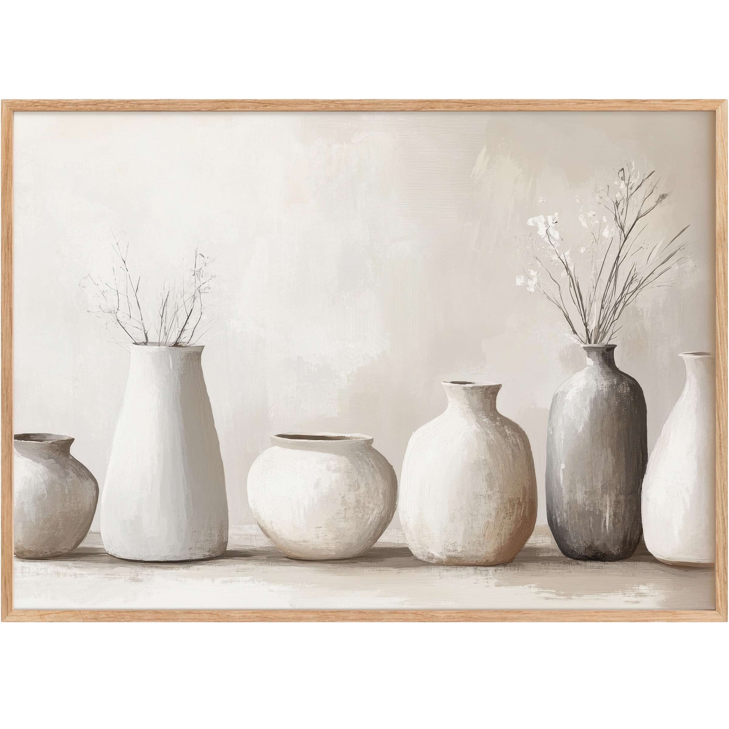 Serene boho printable wall art featuring soft ivory and muted gray vases, evoking calm elegance and timeless style