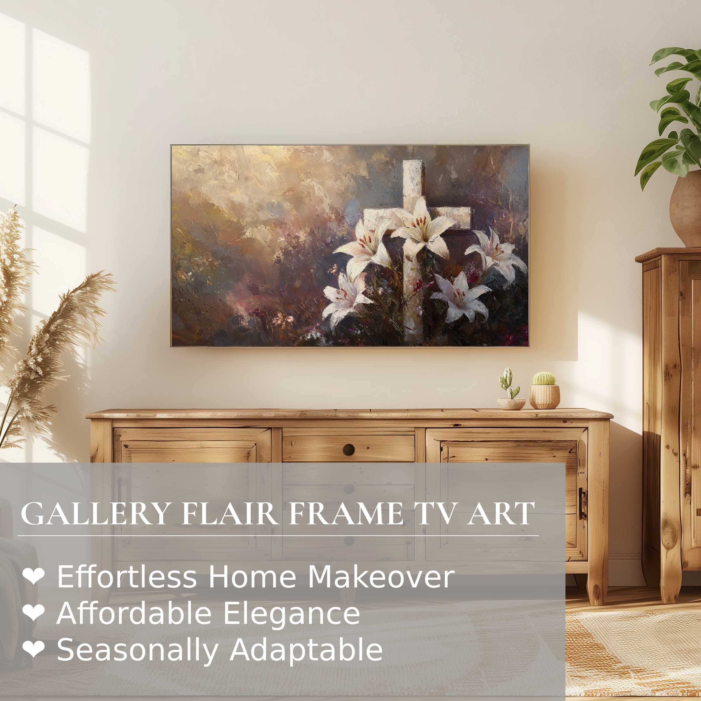 Sophisticated easter digital artwork of lilies and cross displayed on Samsung Frame TV in sunlit modern rustic room