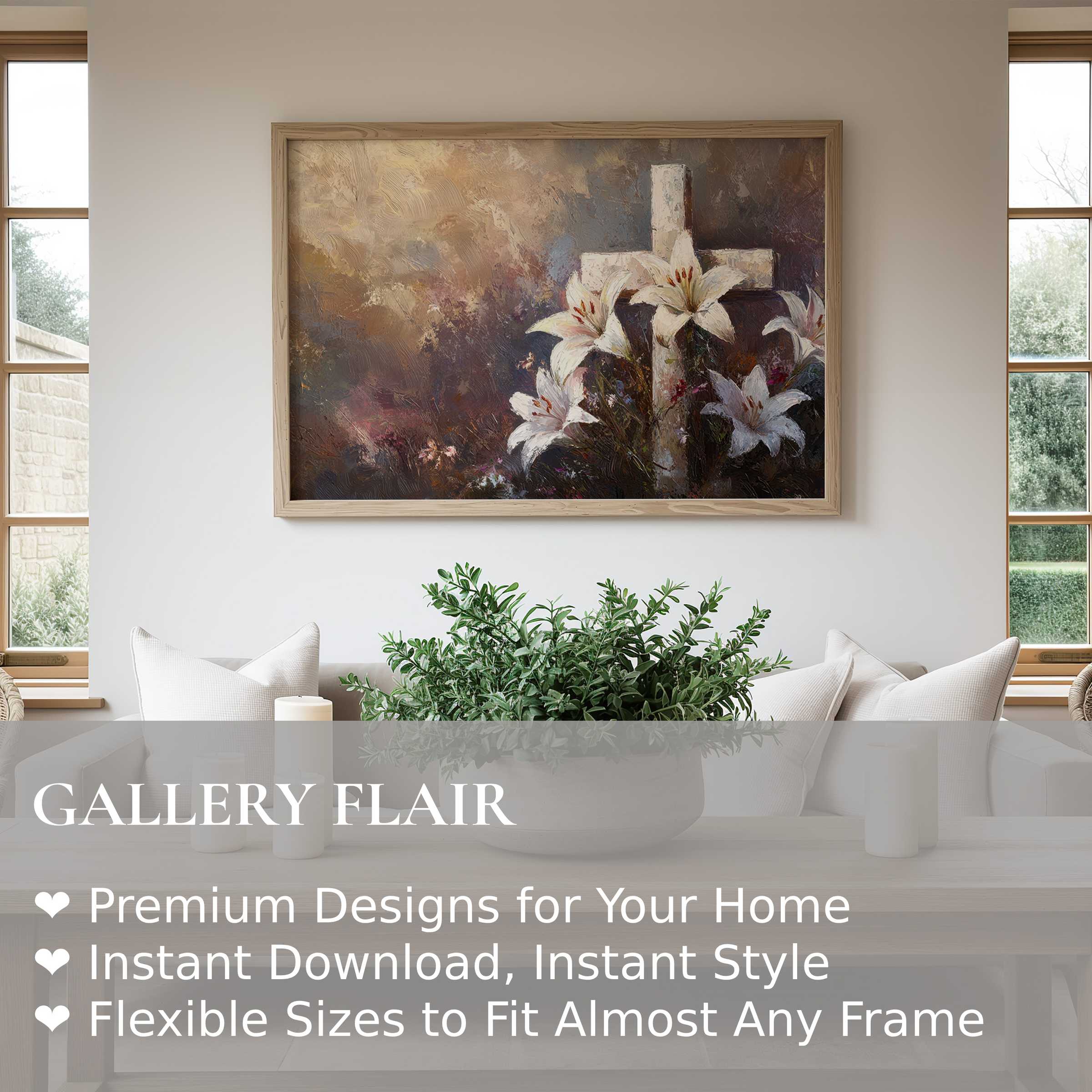 Easter wall art print featuring radiant white lilies and a serene cross, enhancing modern rustic spaces with calming, spiritual elegance