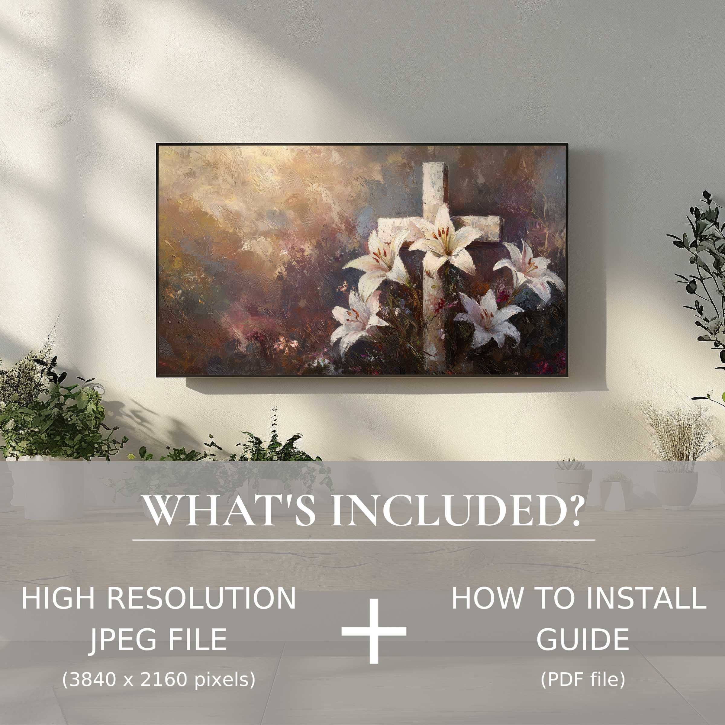 Elegant Easter digital TV art download with lilies and cross enhances living spaces, easy digital use included