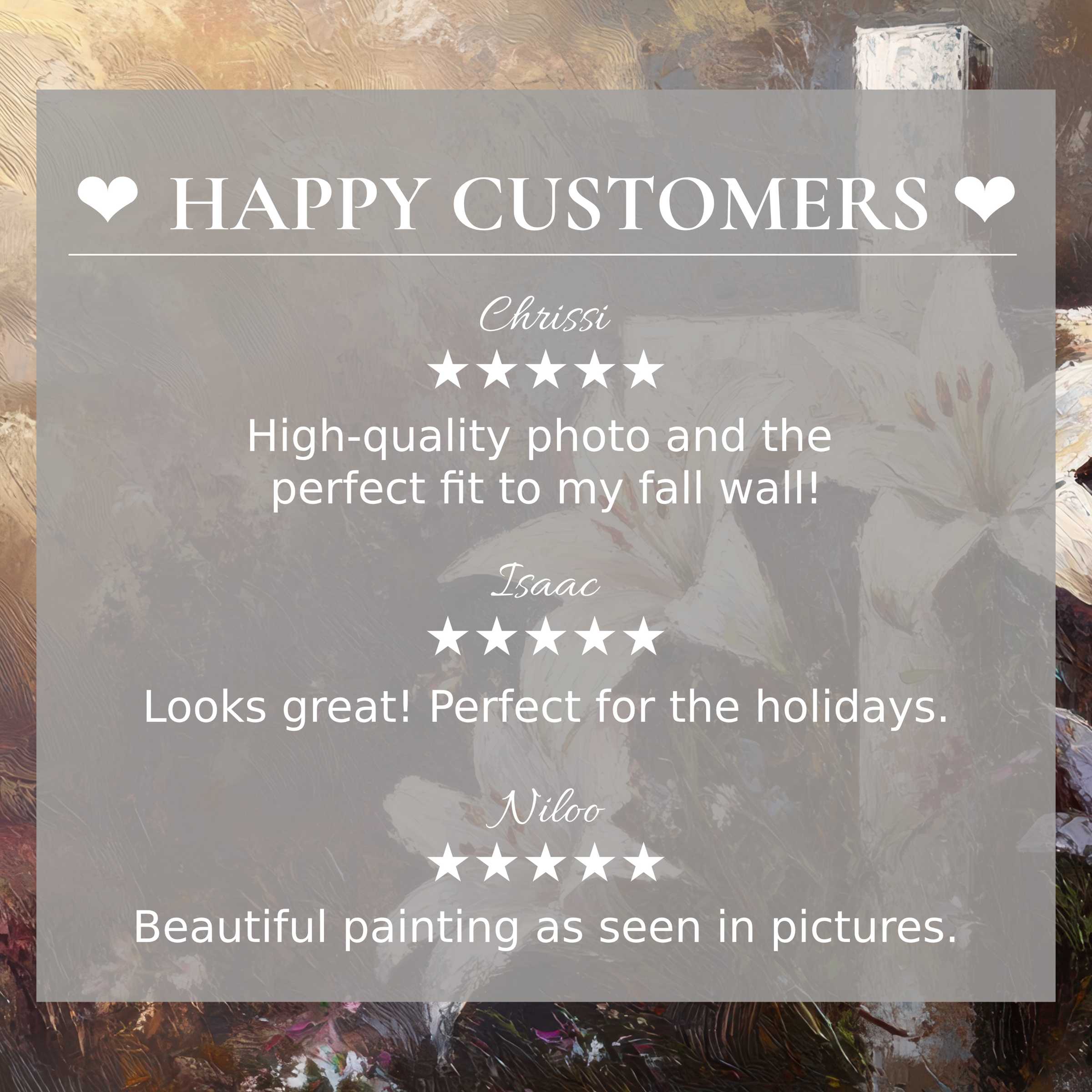 Easter art for Frame TV with abstract sunset colors, elegant layout highlighting happy customer reviews and trust