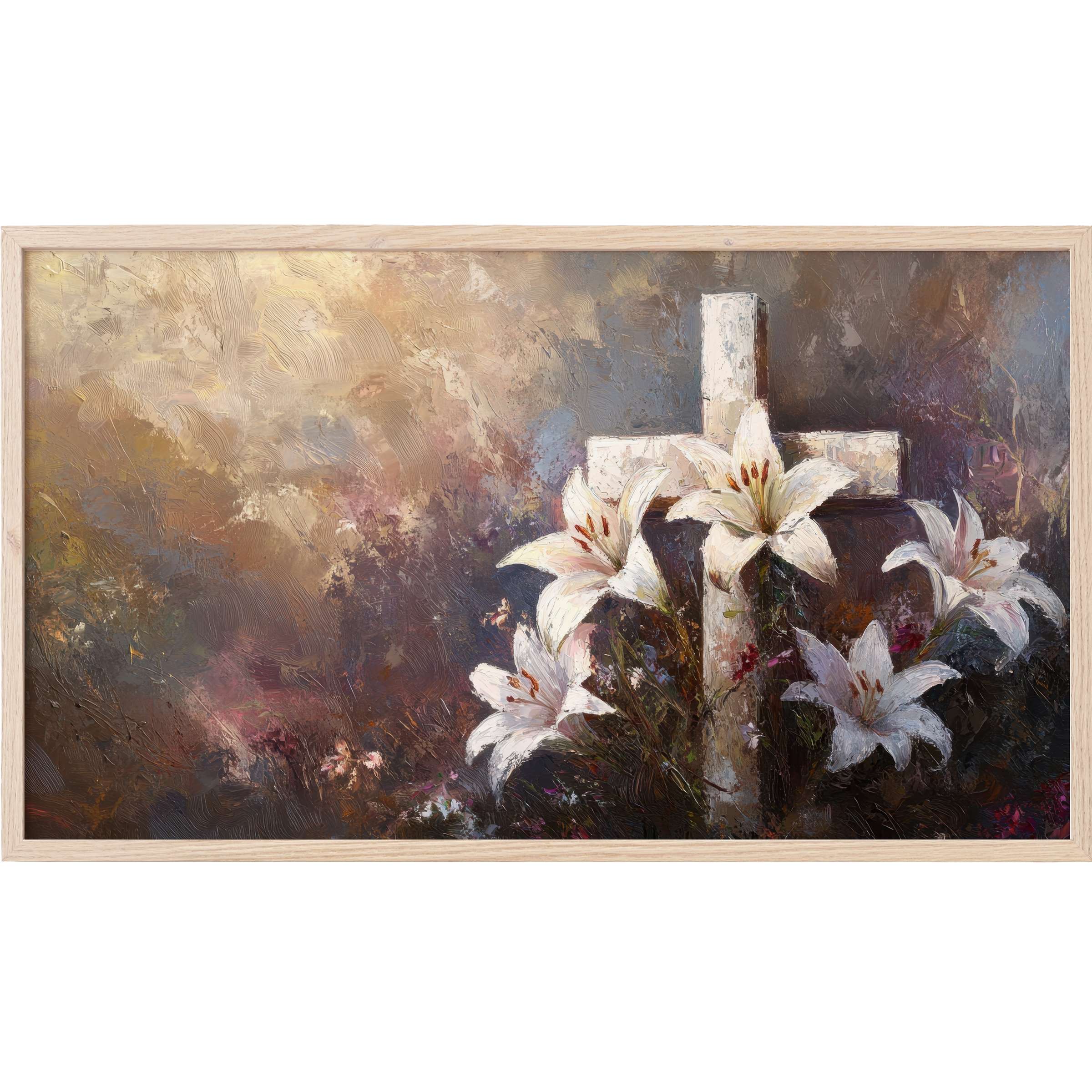 Elegant easter Frame TV Art with white lilies and rustic cross in soft, muted earth tones and textured brushstrokes