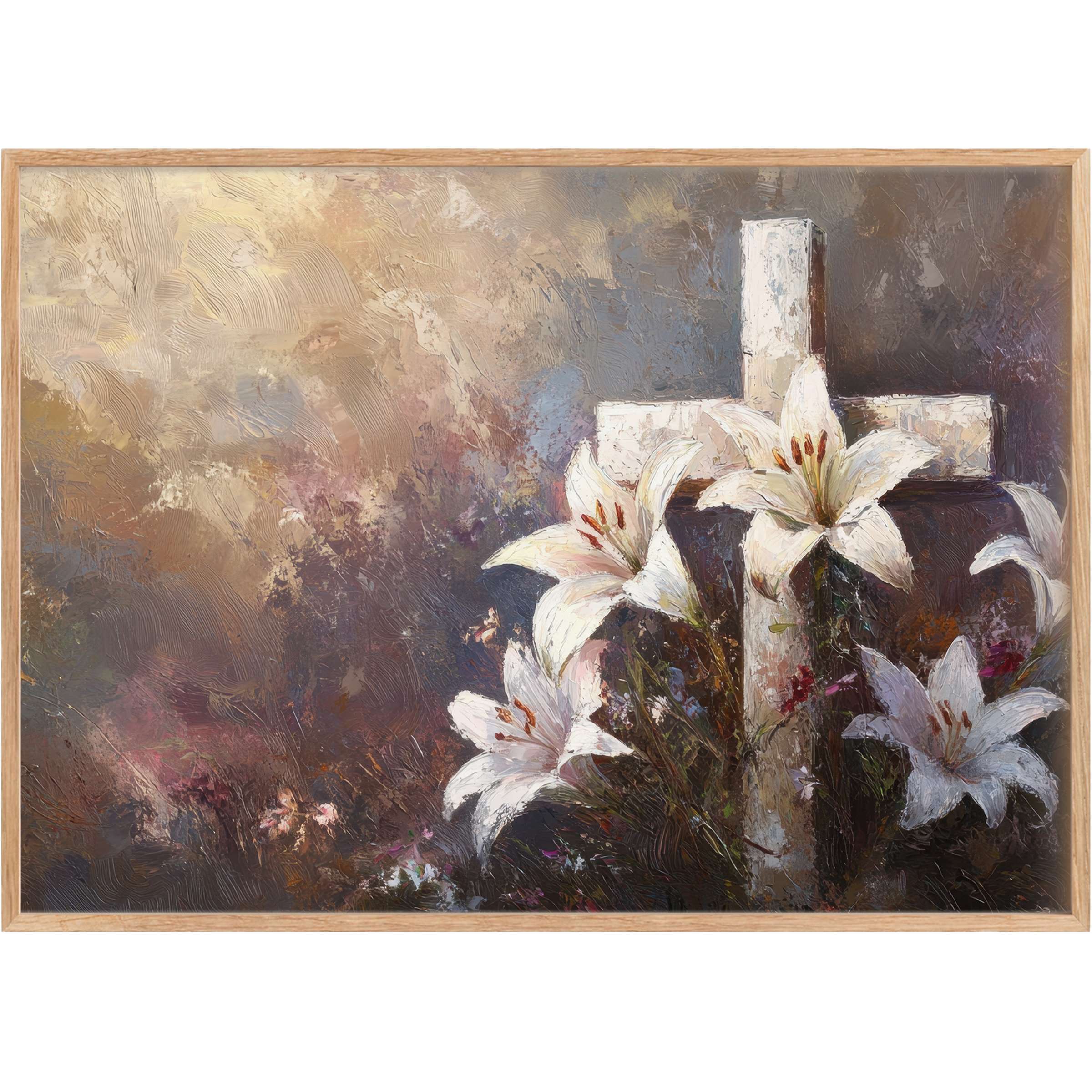 Elegant easter printable wall art featuring white lilies and a cross, radiating serene warmth through soft beige and muted purples