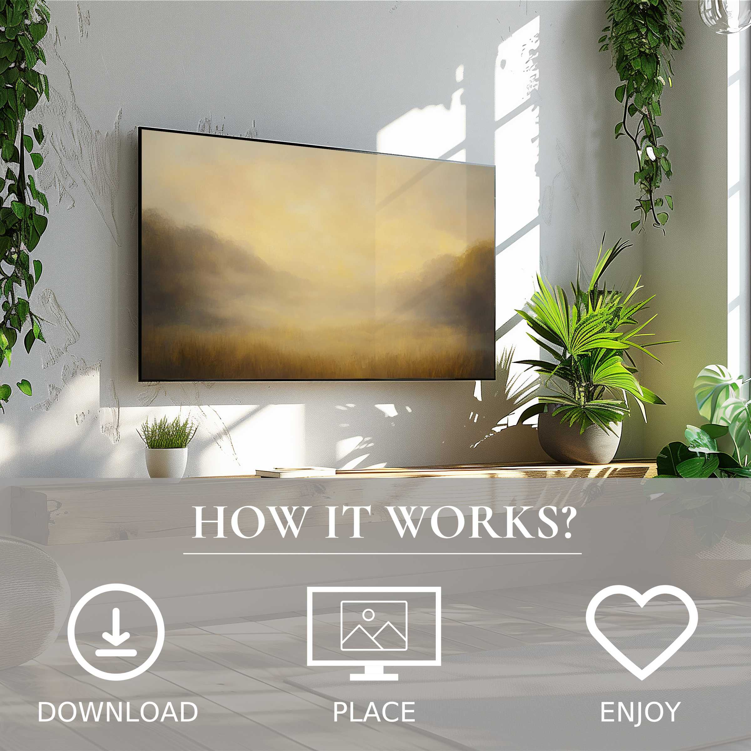 Fall art for Samsung TV: soft sunset tones abstract on Frame TV, easy digital download enhances modern living space